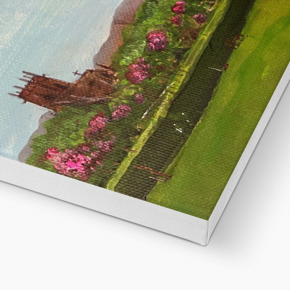 Harrison Park Edinburgh canvas print of castle with pink flowers and green grass