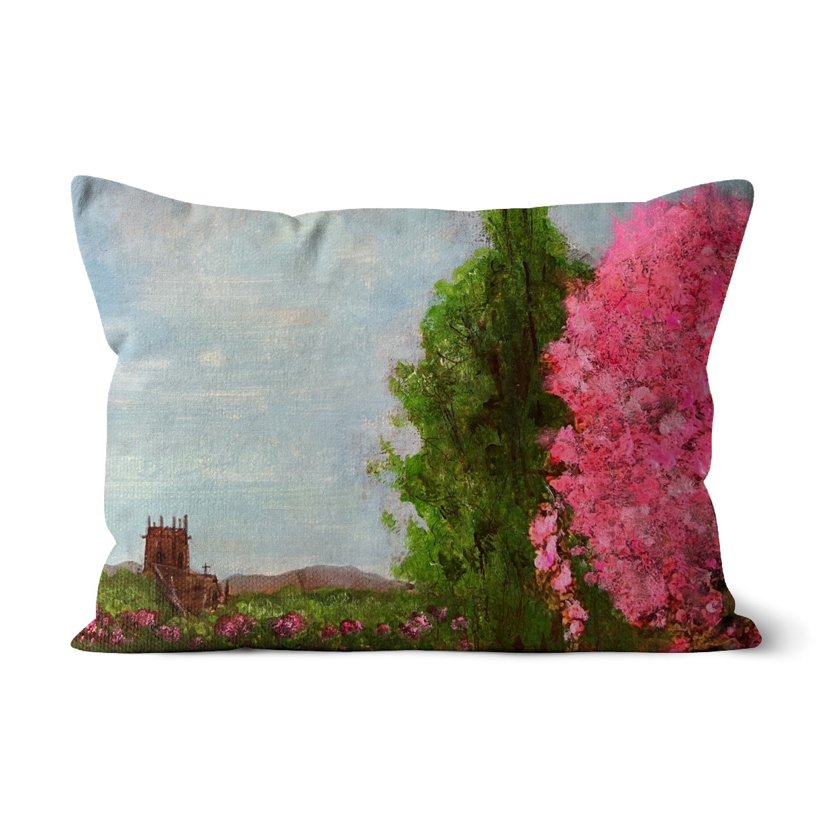 Harrison Park Edinburgh cushion with pink blossoms and stone tower
