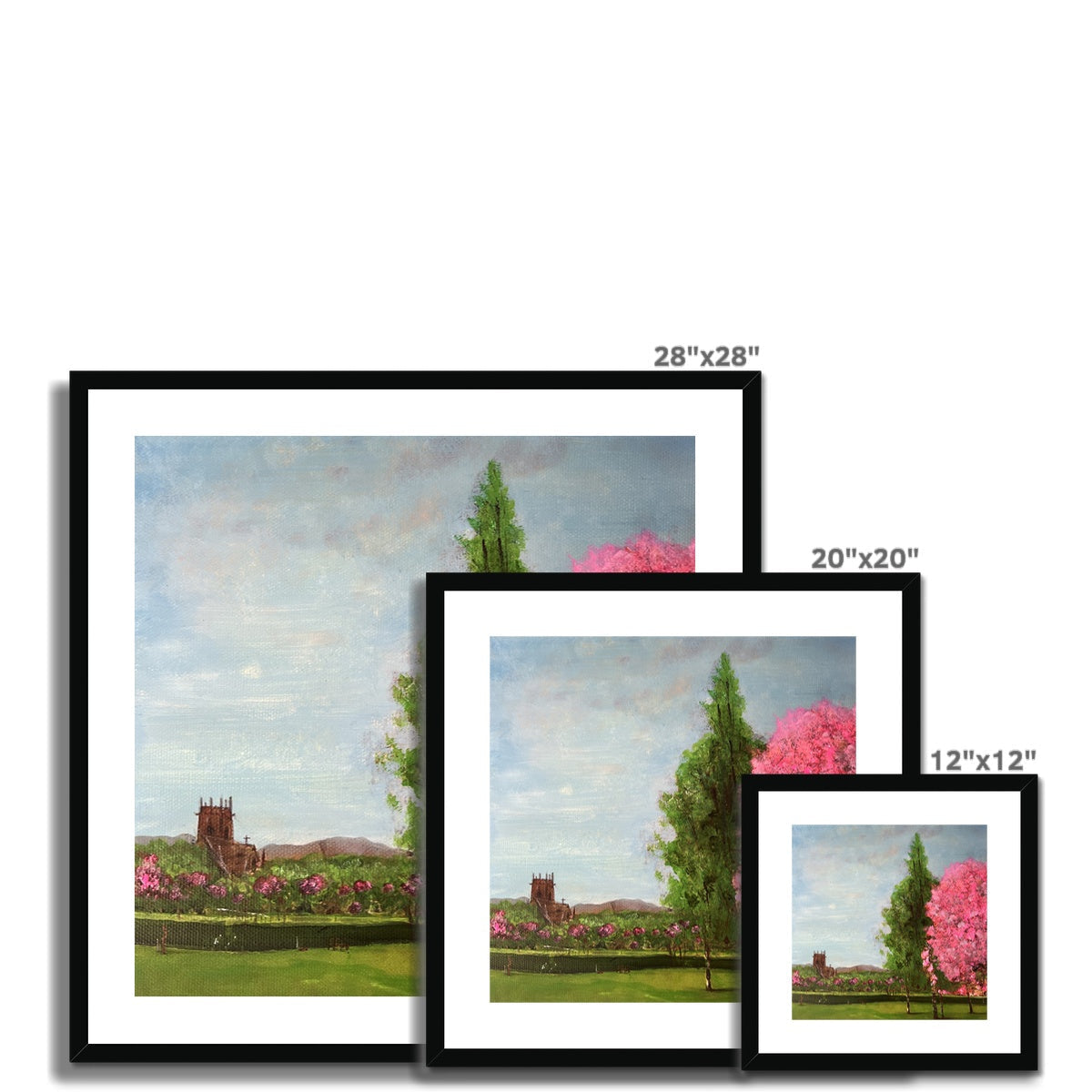 Harrison Park Edinburgh 28x28 inch black-framed landscape print with pink blossoms and green trees