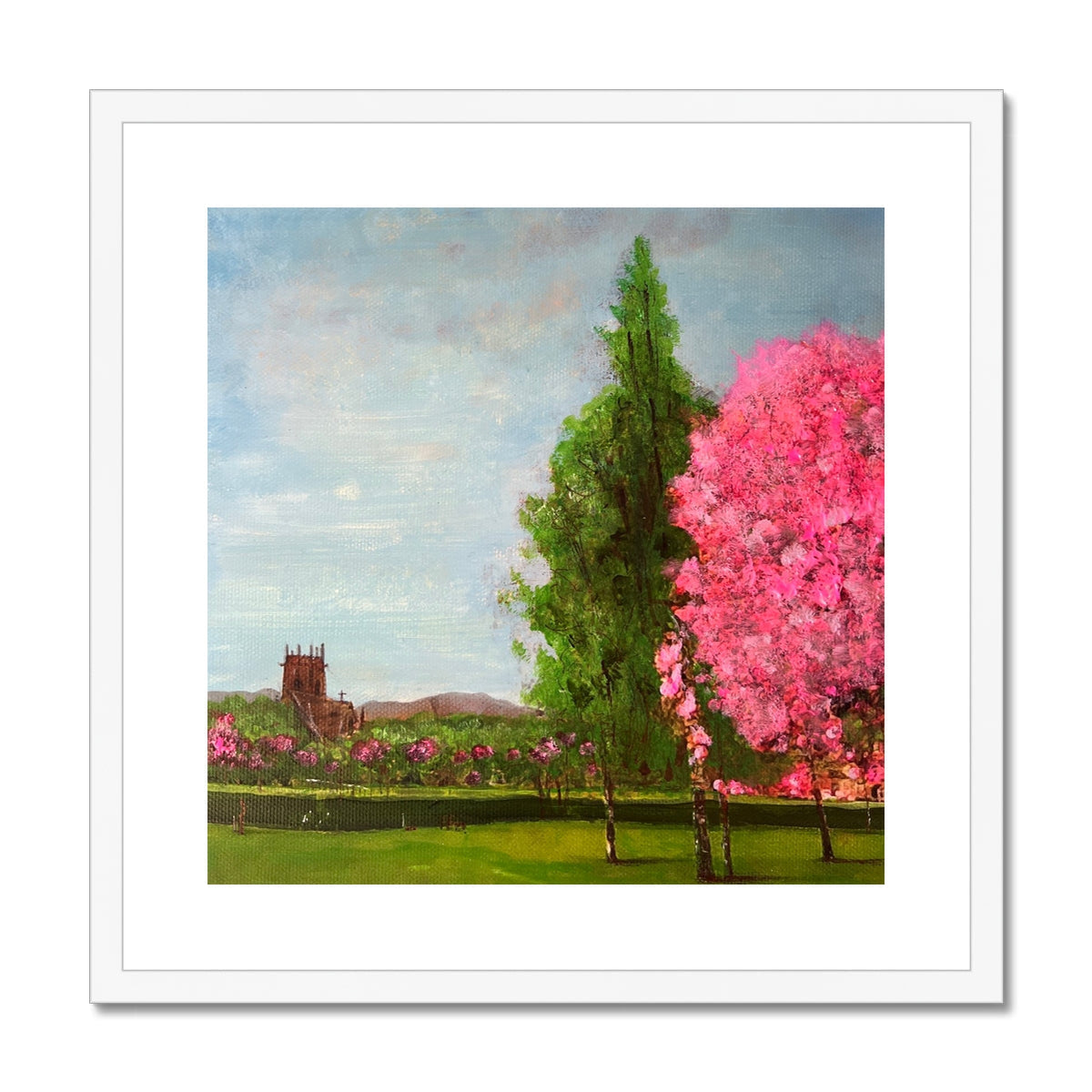 Pink cherry blossom tree in Harrison Park Edinburgh art print