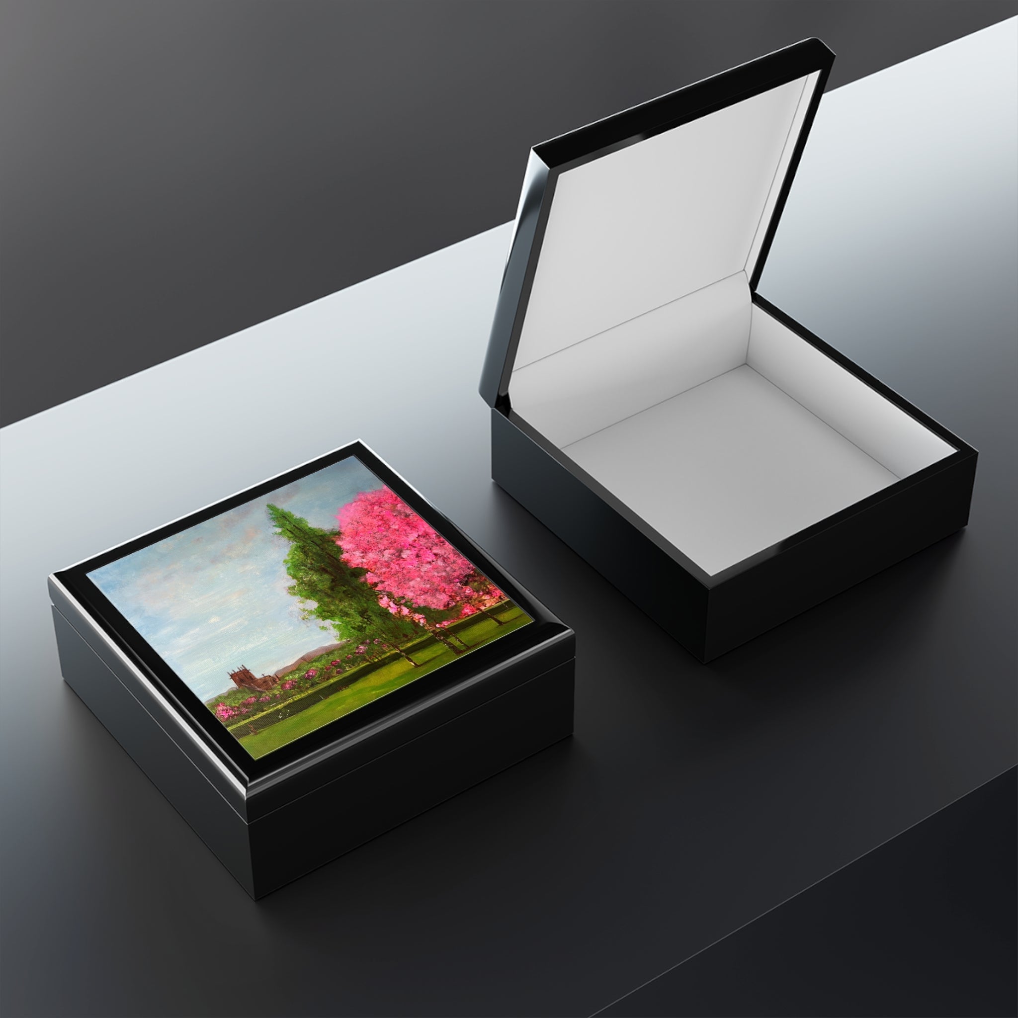Glossy black Harrison Park Edinburgh jewelry box with pink blossoms lid