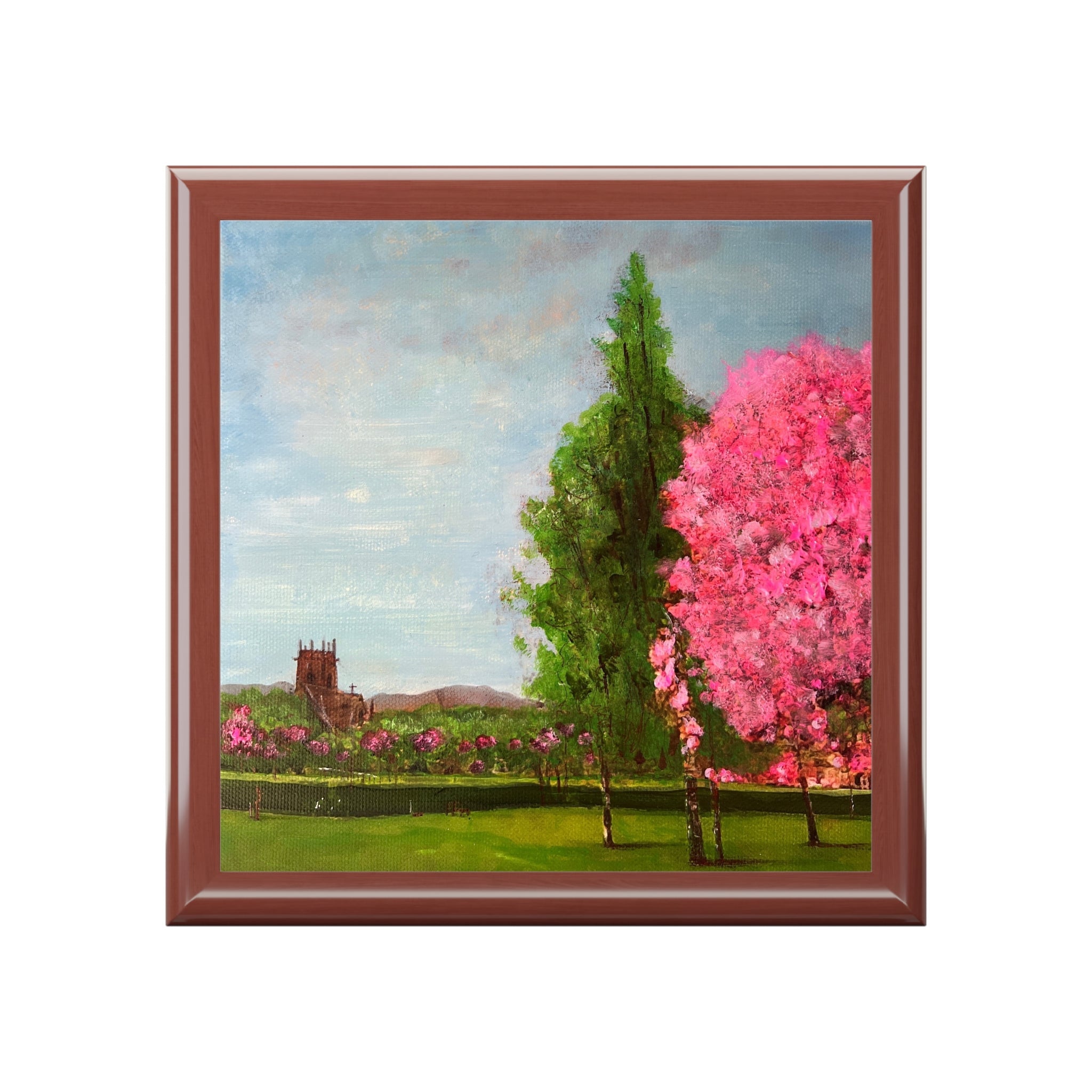 Vibrant Harrison Park Edinburgh landscape in square-framed jewellery box