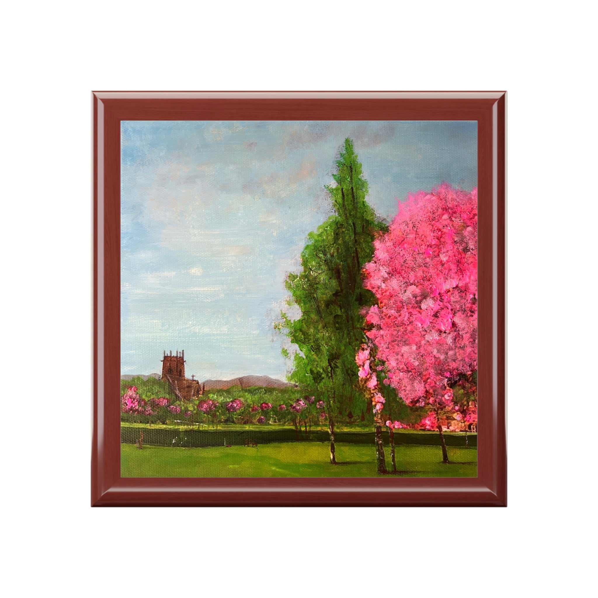 Harrison Park Edinburgh jewellery box with pink blossoming trees landscape