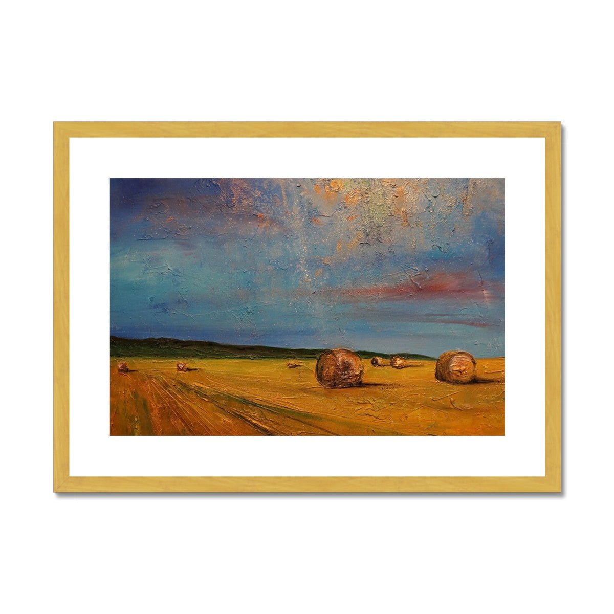 Hay Bales Painting | Antique Framed & Mounted Prints From Scotland-Antique Framed & Mounted Prints-Scottish Highlands & Lowlands Art Gallery-A2 Landscape-Gold Frame-Paintings, Prints, Homeware, Art Gifts From Scotland By Scottish Artist Kevin Hunter
