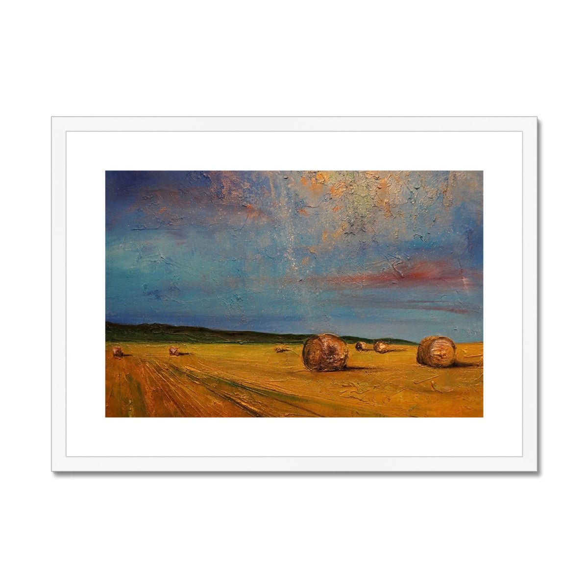 Hay Bales Painting | Framed & Mounted Prints From Scotland-Framed & Mounted Prints-Scottish Highlands & Lowlands Art Gallery-A2 Landscape-White Frame-Paintings, Prints, Homeware, Art Gifts From Scotland By Scottish Artist Kevin Hunter
