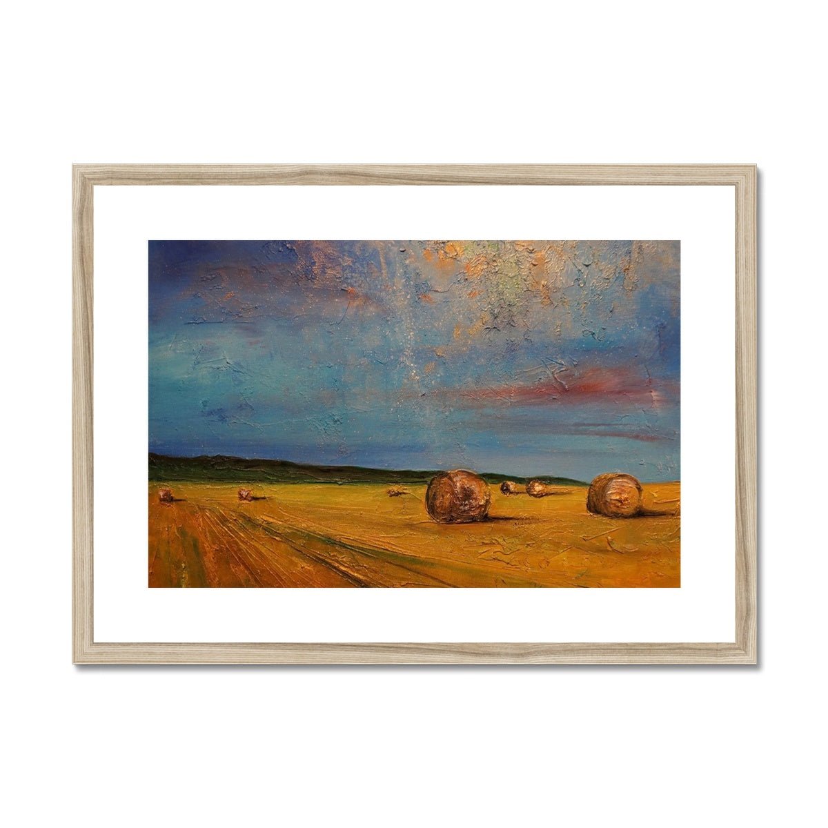 Hay Bales Painting | Framed & Mounted Prints From Scotland-Framed & Mounted Prints-Scottish Highlands & Lowlands Art Gallery-A2 Landscape-Natural Frame-Paintings, Prints, Homeware, Art Gifts From Scotland By Scottish Artist Kevin Hunter