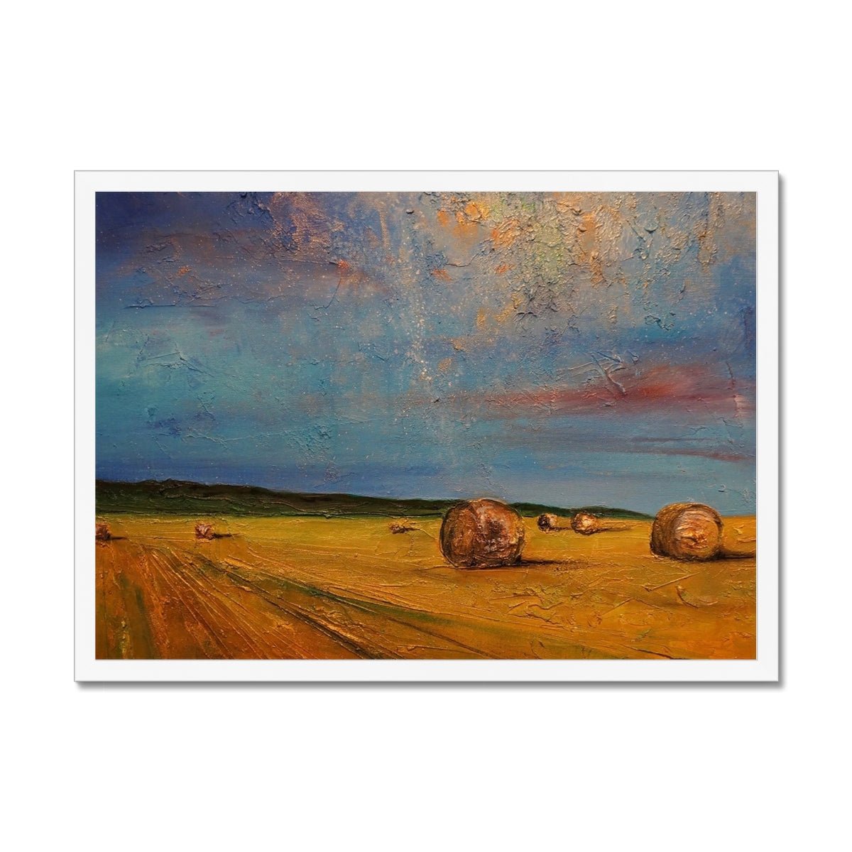 Hay Bales Painting | Framed Prints From Scotland-Framed Prints-Scottish Highlands & Lowlands Art Gallery-A2 Landscape-White Frame-Paintings, Prints, Homeware, Art Gifts From Scotland By Scottish Artist Kevin Hunter
