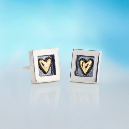 Silver square stud earrings with gold heart center by Alan Ardiff Jewellery