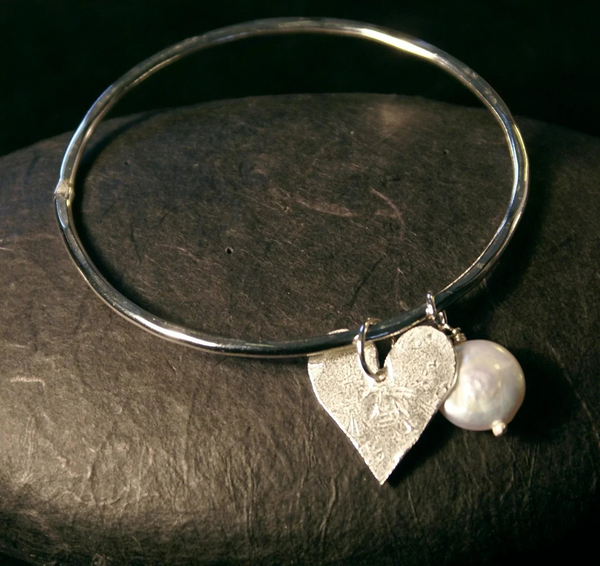 Silver Heart & Pearl Bangle with textured charm by Genna Miller Jewellery