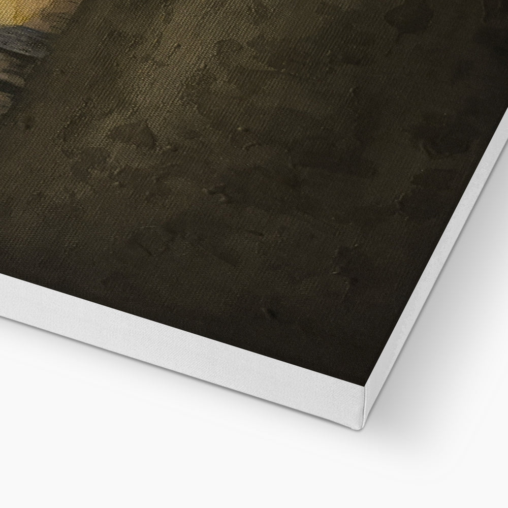 Dark textured canvas art of Hebridean Croft House in white frame