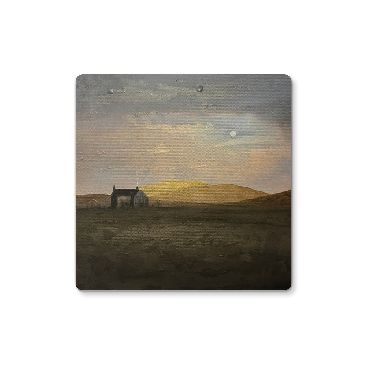 Square Hebridean croft house coaster with painted landscape, golden hills, and peach-gray sky
