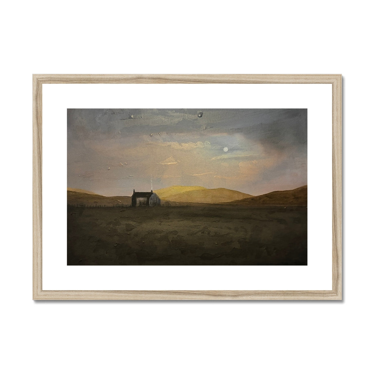 Minimalist light wood-framed Hebridean Croft House moody landscape print