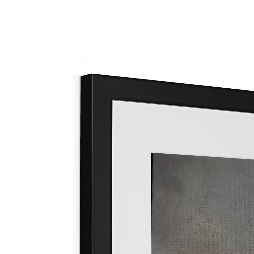 Framed Hebridean Croft House print with black frame, white mat, gray textured canvas