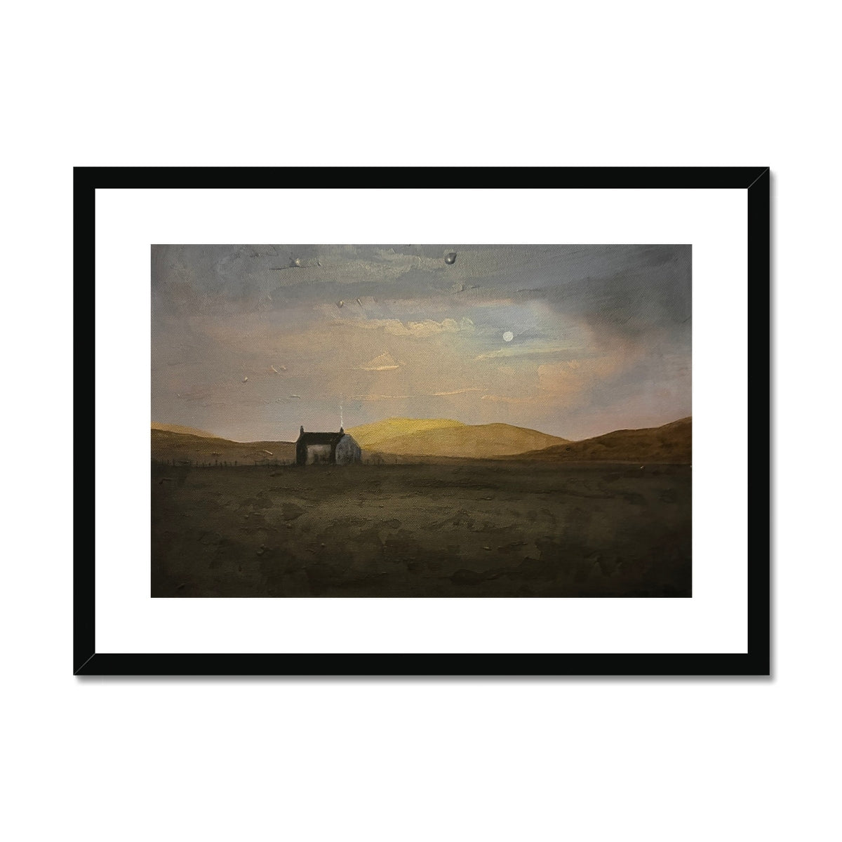 Black-framed Hebridean croft house print under moody twilight sky
