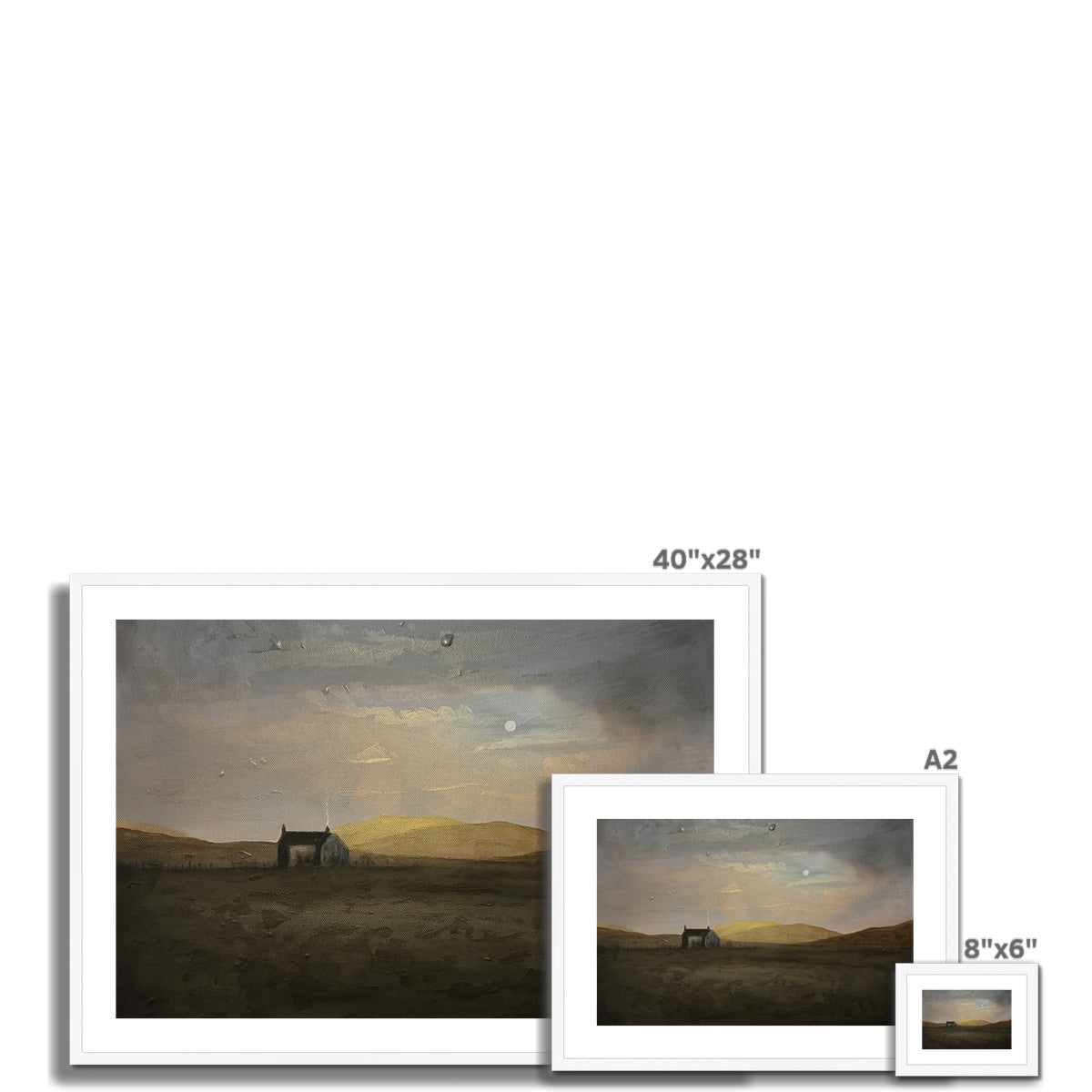 Framed Hebridean Croft House print with dramatic cloudy sky and golden horizon