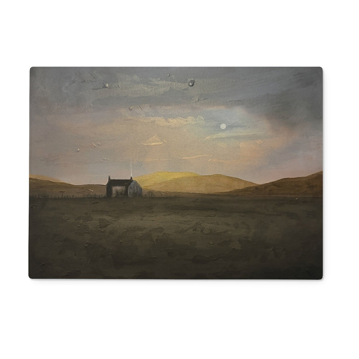 Hebridean croft house painting on glass chopping board