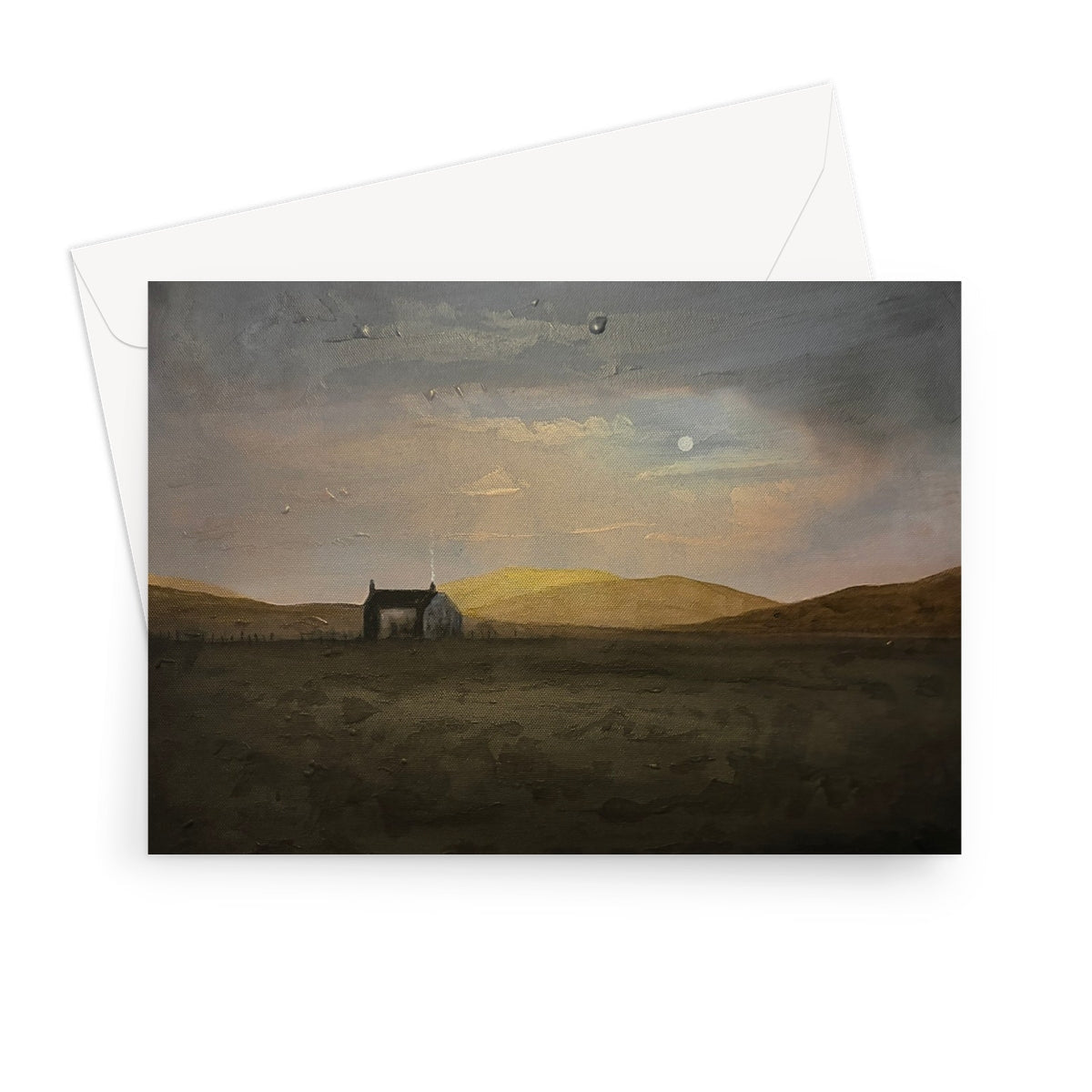 Moody Hebridean croft house greeting card with dramatic cloudy sky and golden hills