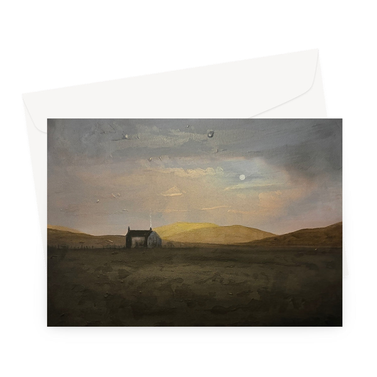 Hebridean croft house greeting card with moody painted landscape and stone cottage