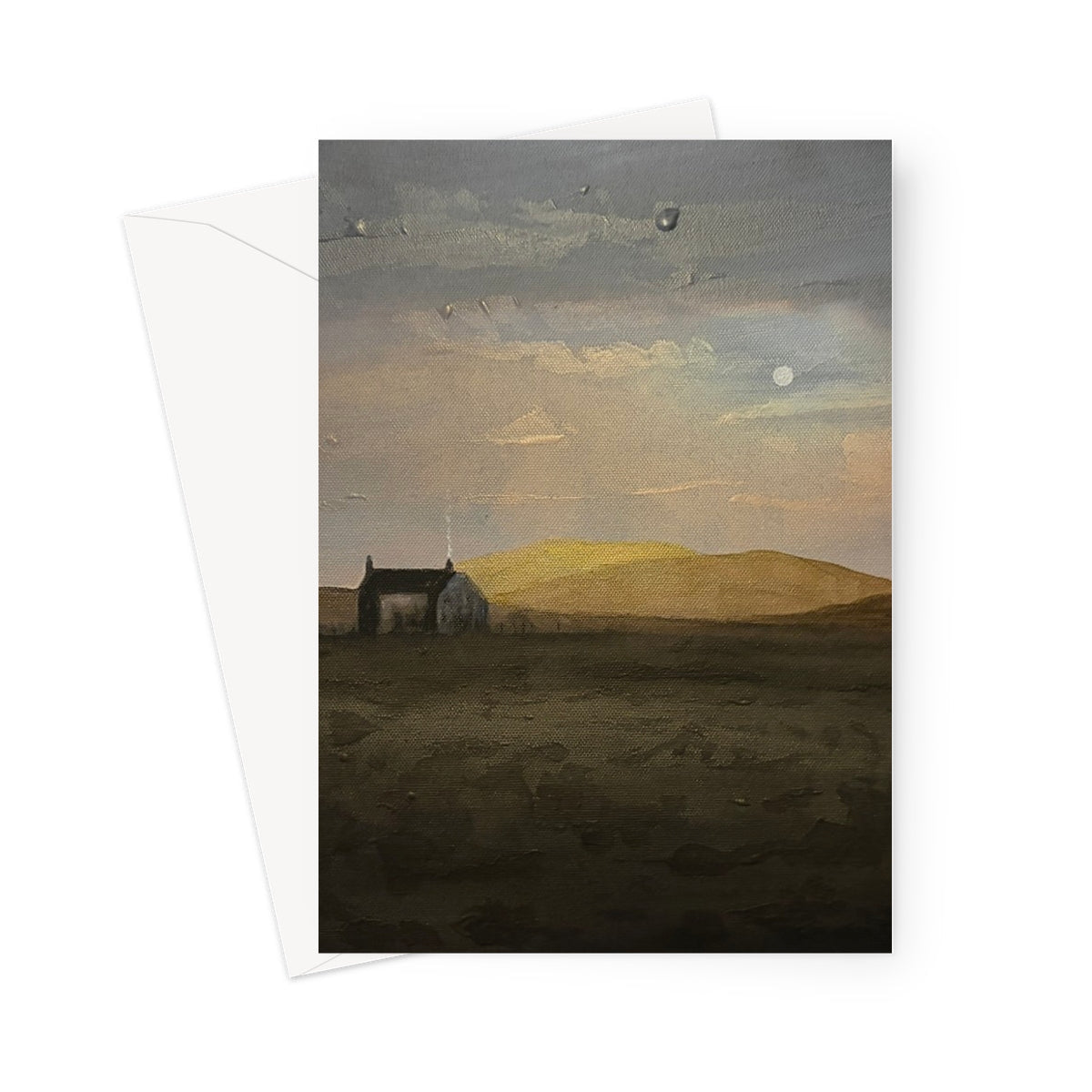Hebridean croft house greeting card with moody painted landscape