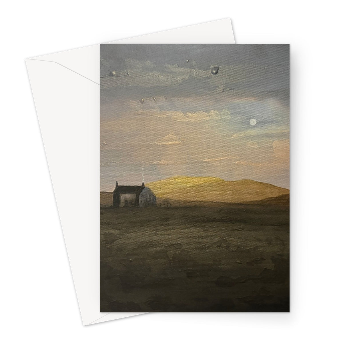 Hebridean Croft House greeting card with painted landscape and golden hills