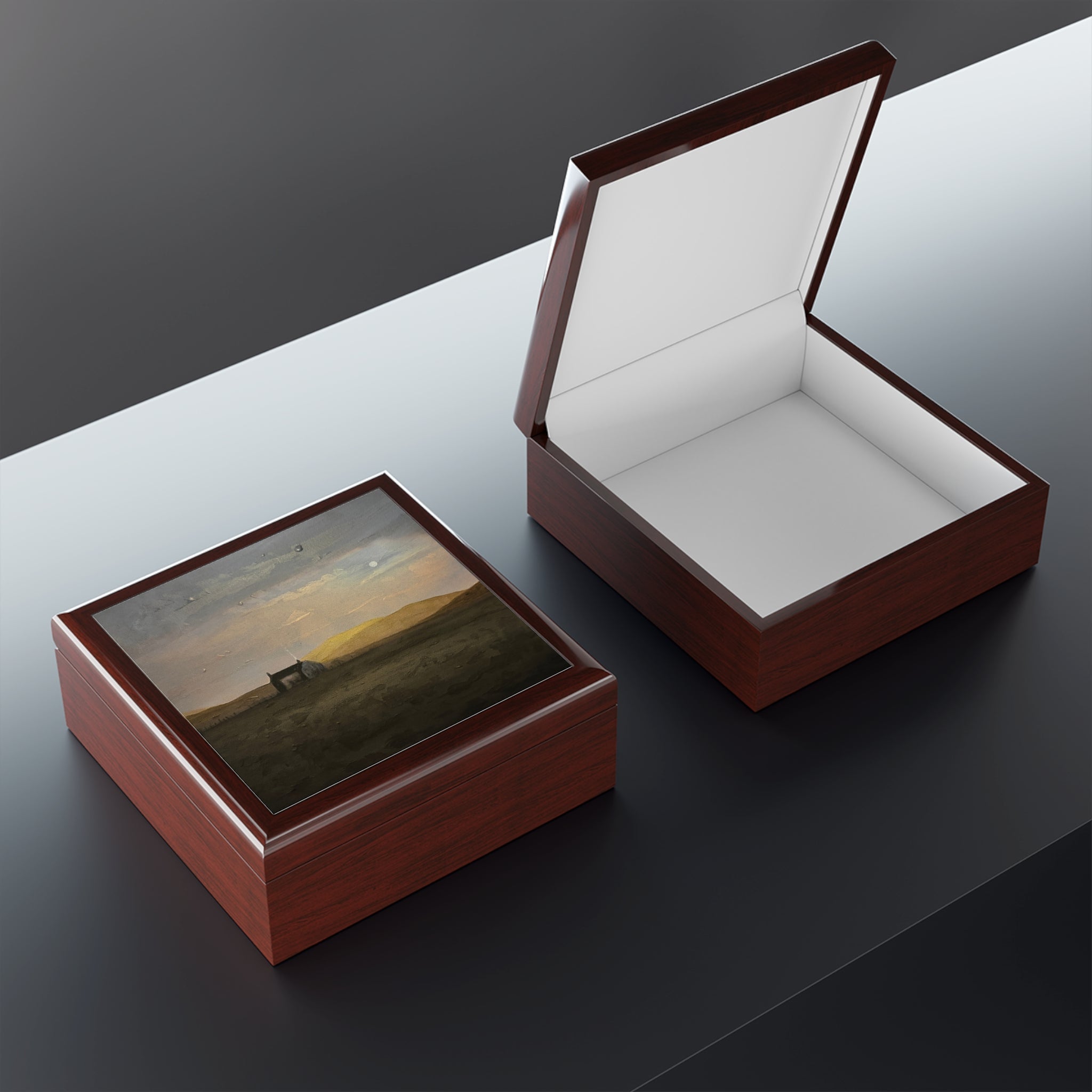 Hebridean Croft House jewelry box with glossy wood and landscape lid