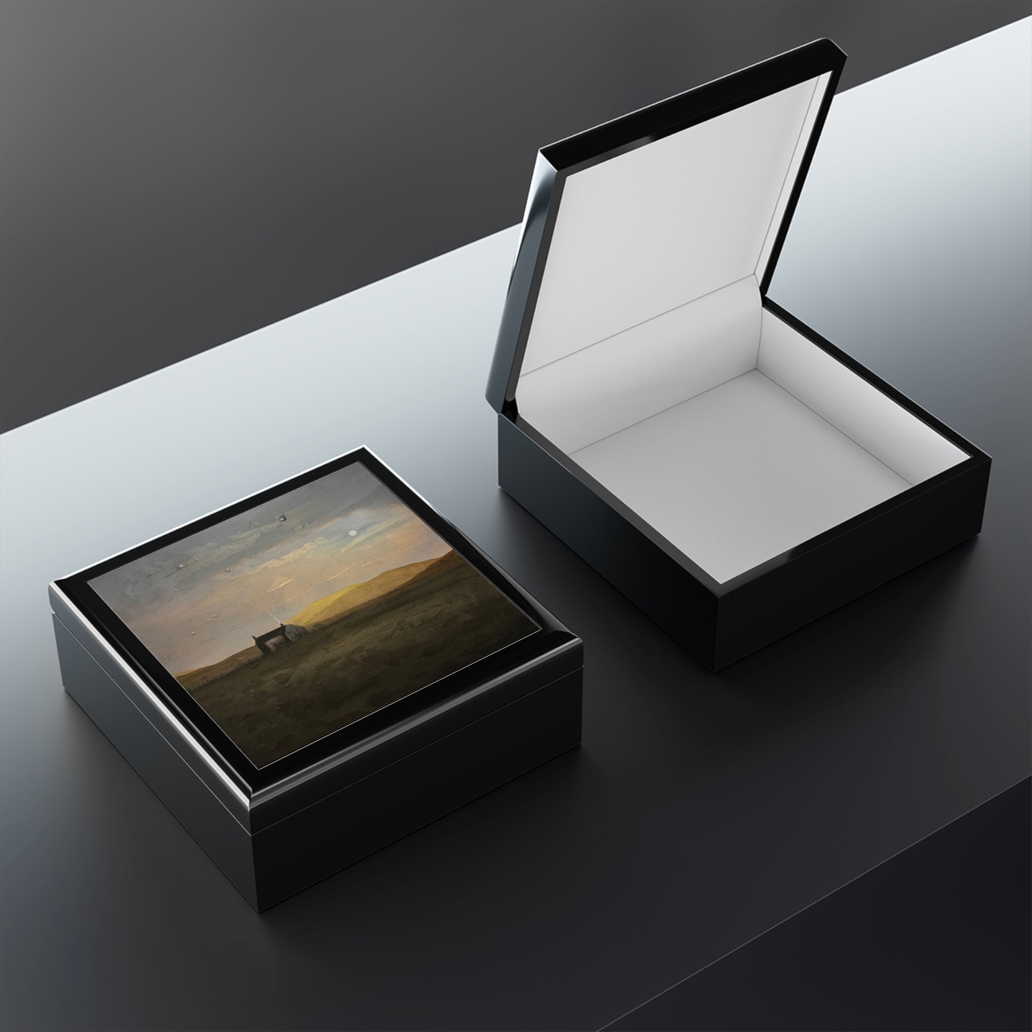 Black Hebridean Croft House Jewellery Box with glossy finish and landscape lid