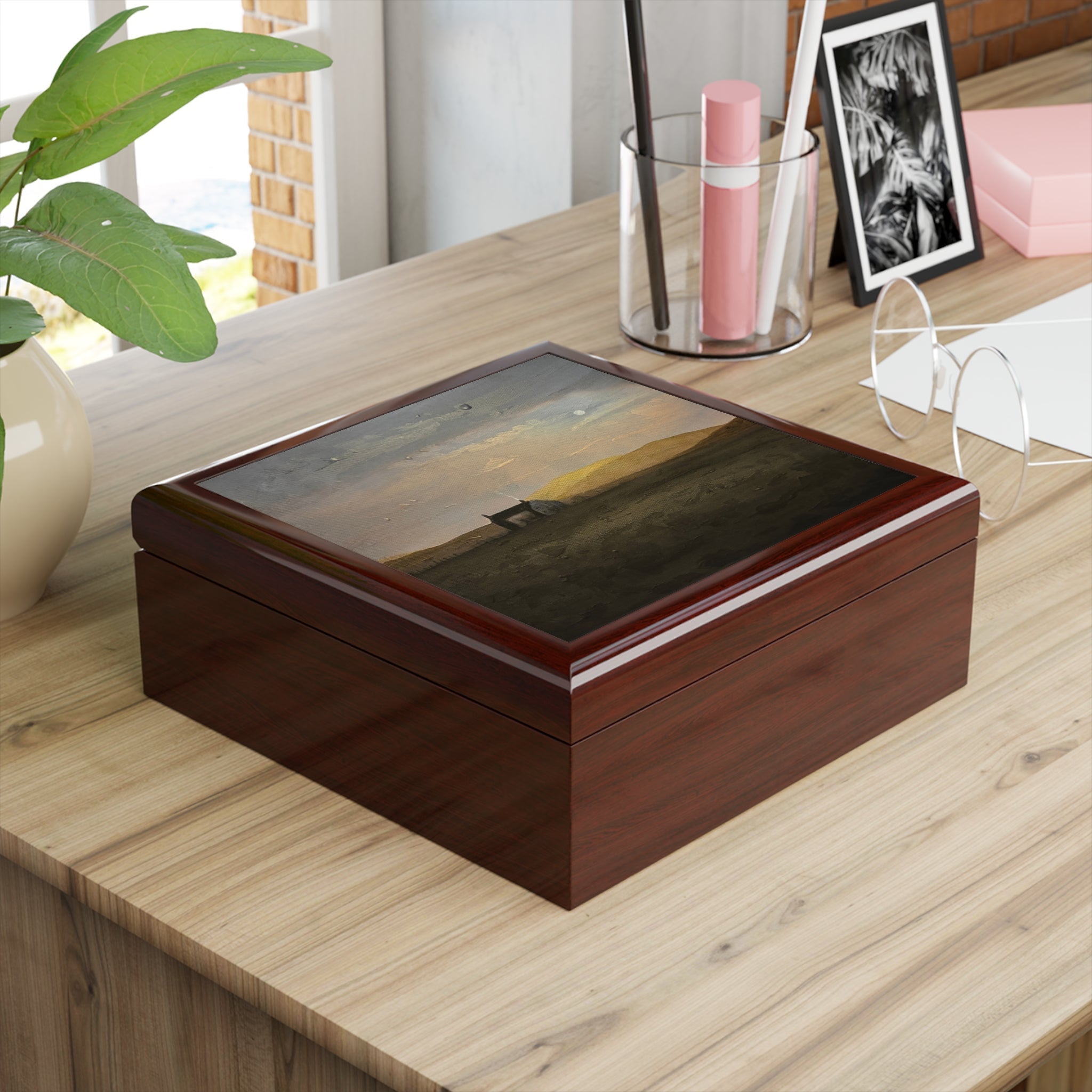 Hebridean Croft House jewelry box with glossy wooden lid and Scottish landscape