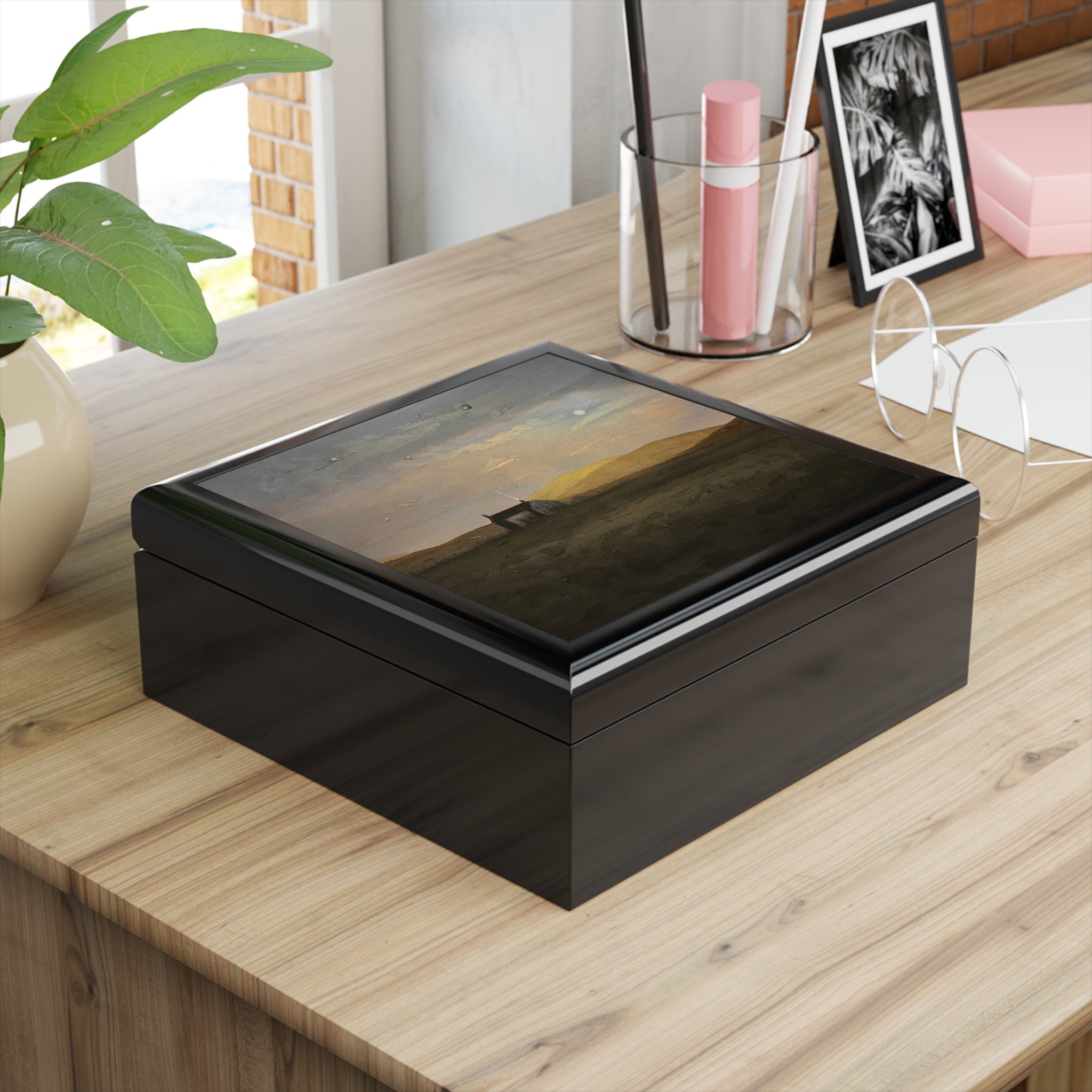 Black glossy Hebridean Croft House jewellery box with Scottish landscape lid