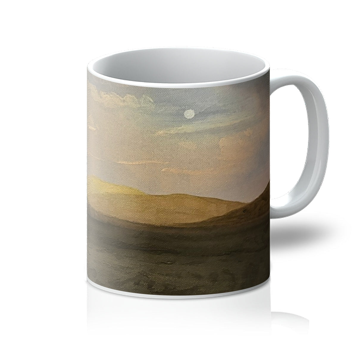 White ceramic Hebridean Croft House mug with painted landscape, muted earth tones, soft clouds, pale moon over rolling hills