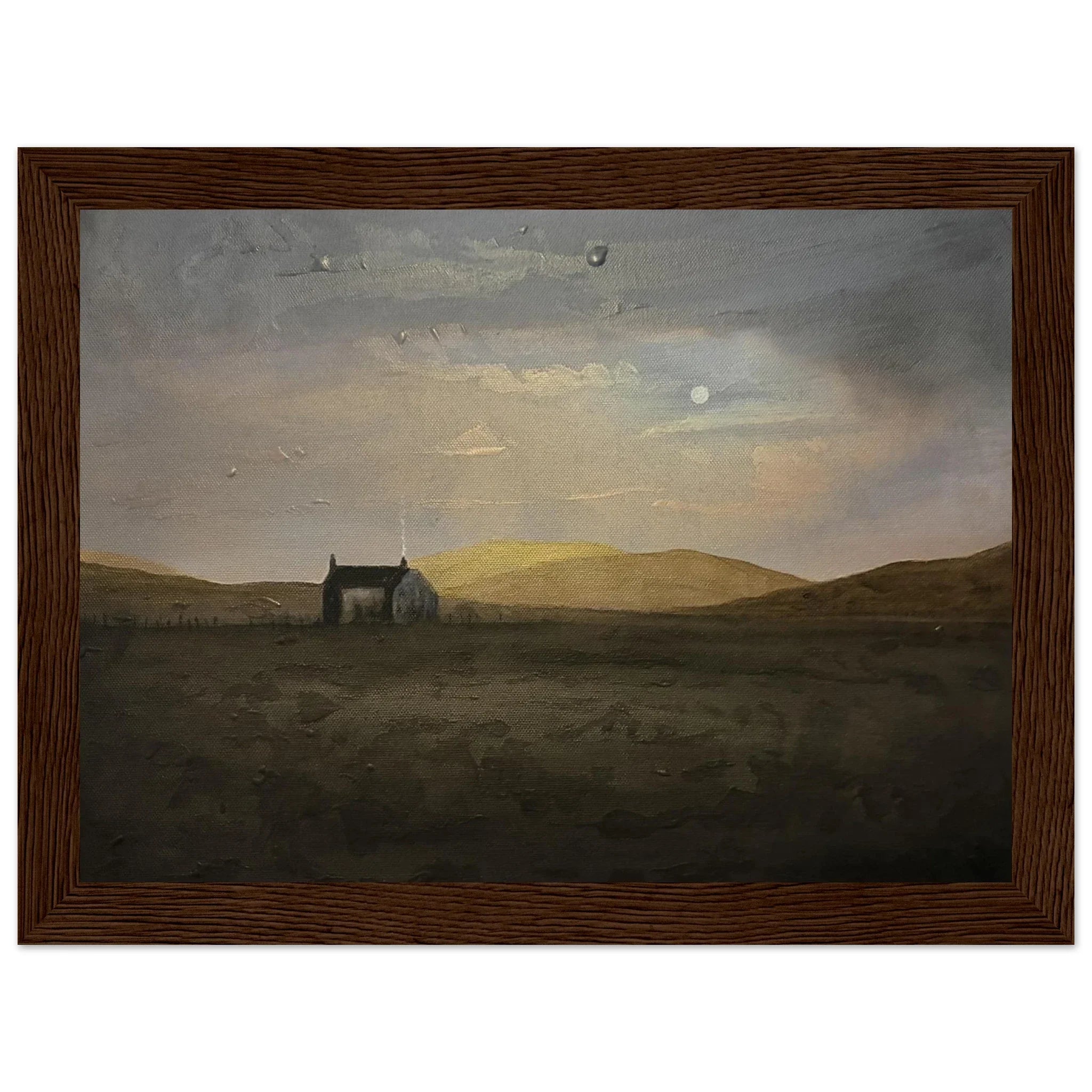 Rustic Hebridean croft house painting in wooden frame, moody Scottish hills