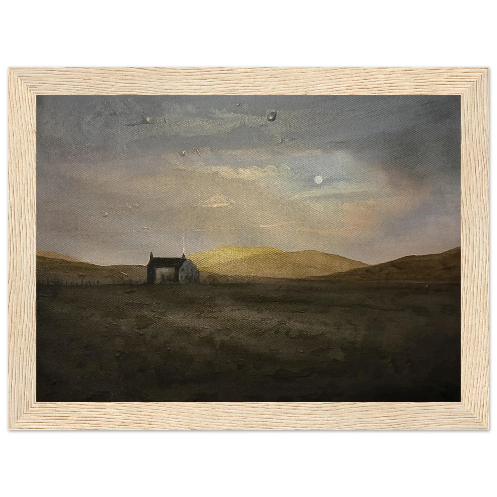 Framed Hebridean croft house painting in moody Scottish landscape
