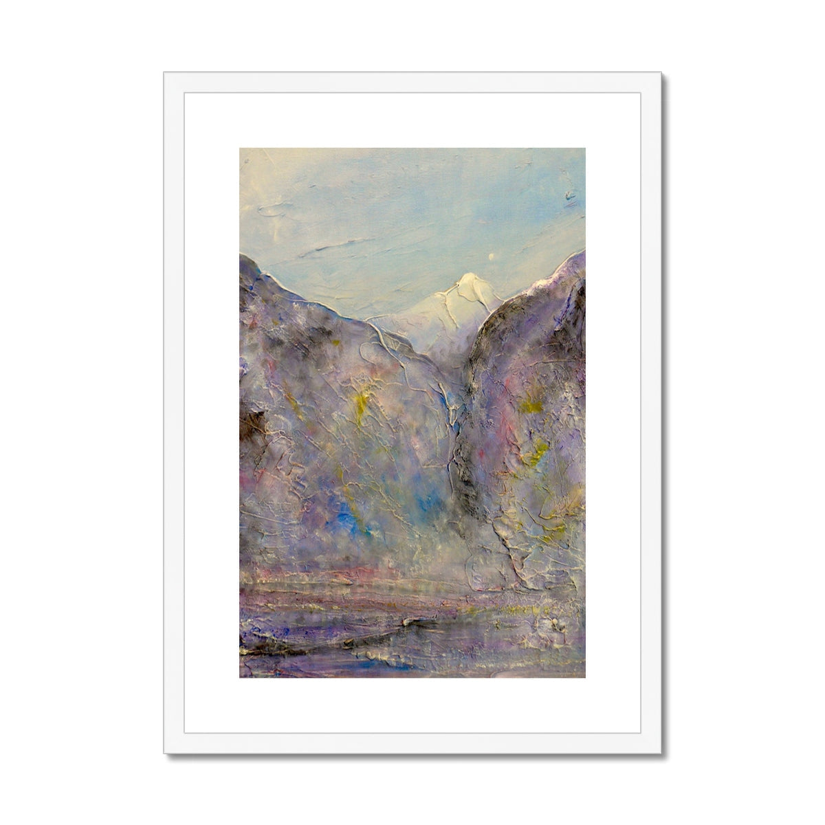 Lavender and white abstract Hidden Valley Snow landscape print, textured brushstrokes, white matte frame