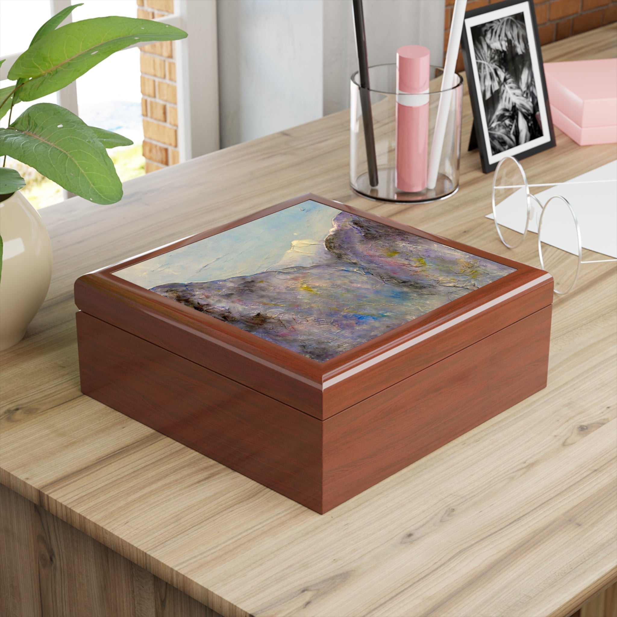 Hidden Valley Snow Glencoe jewelry box with purple-blue-gray abstract lid