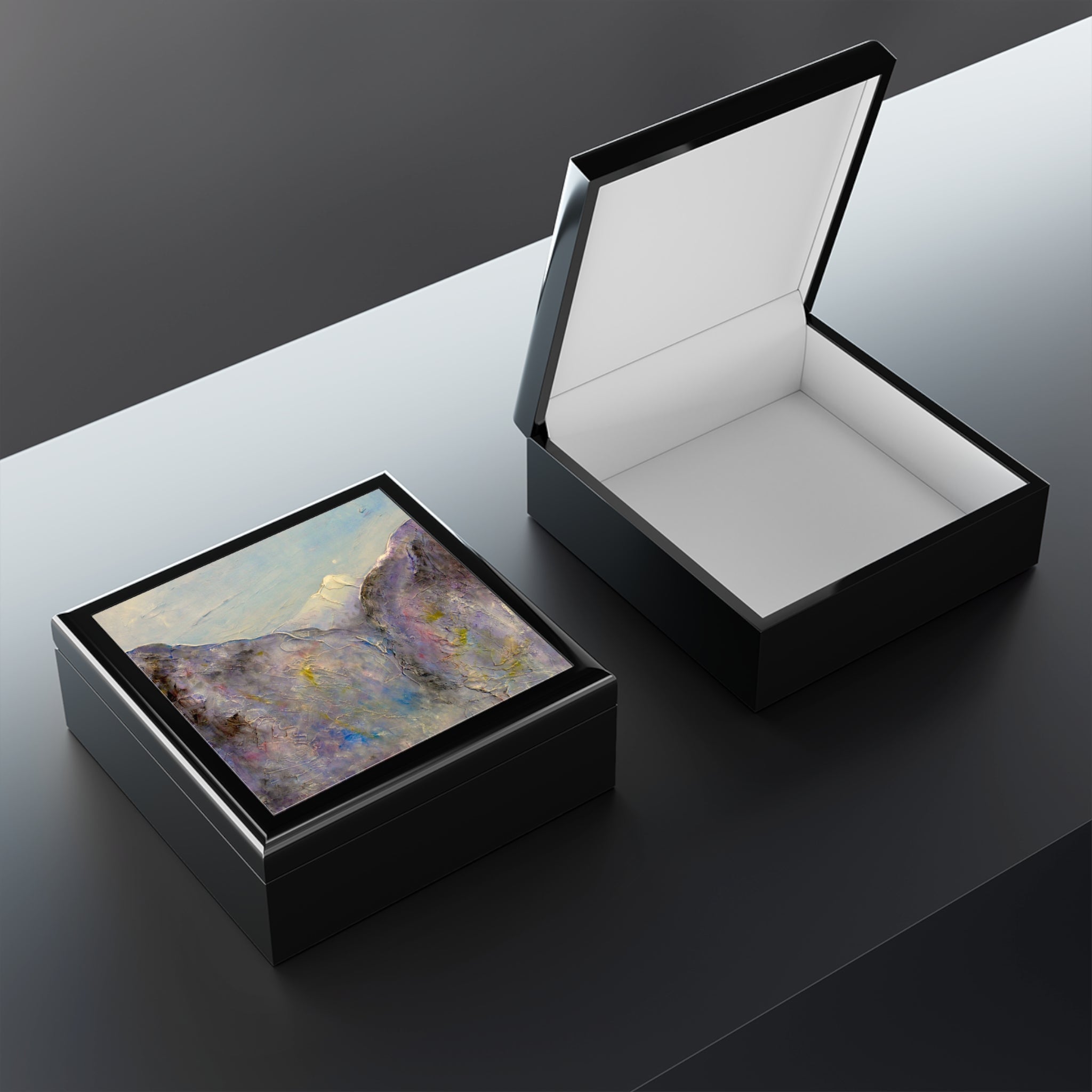 Hidden Valley Snow Glencoe jewelry box with glossy black finish and abstract purple blue gold landscape lid