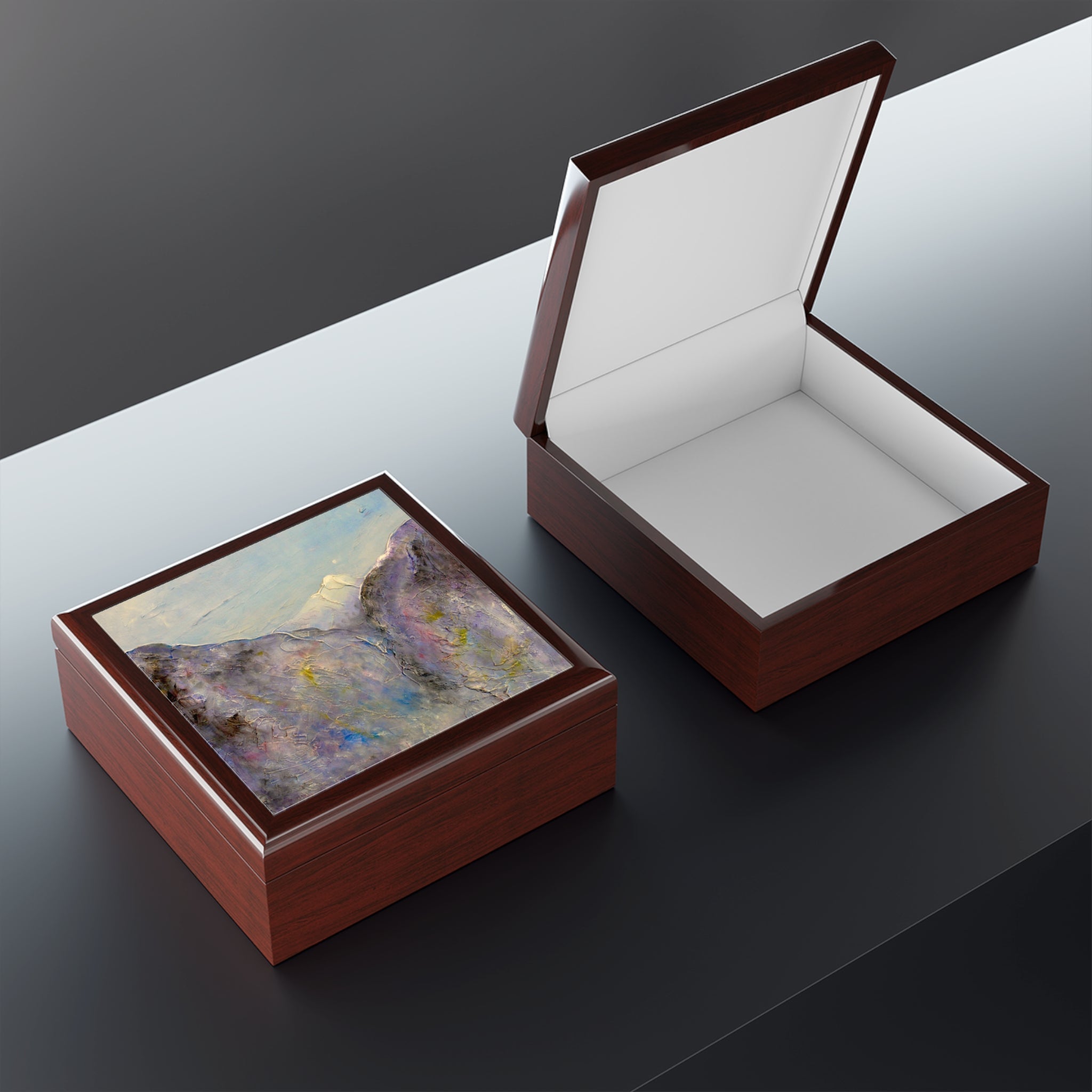 Brown wooden jewellery box with clear lid displaying Hidden Valley Snow Glencoe painting