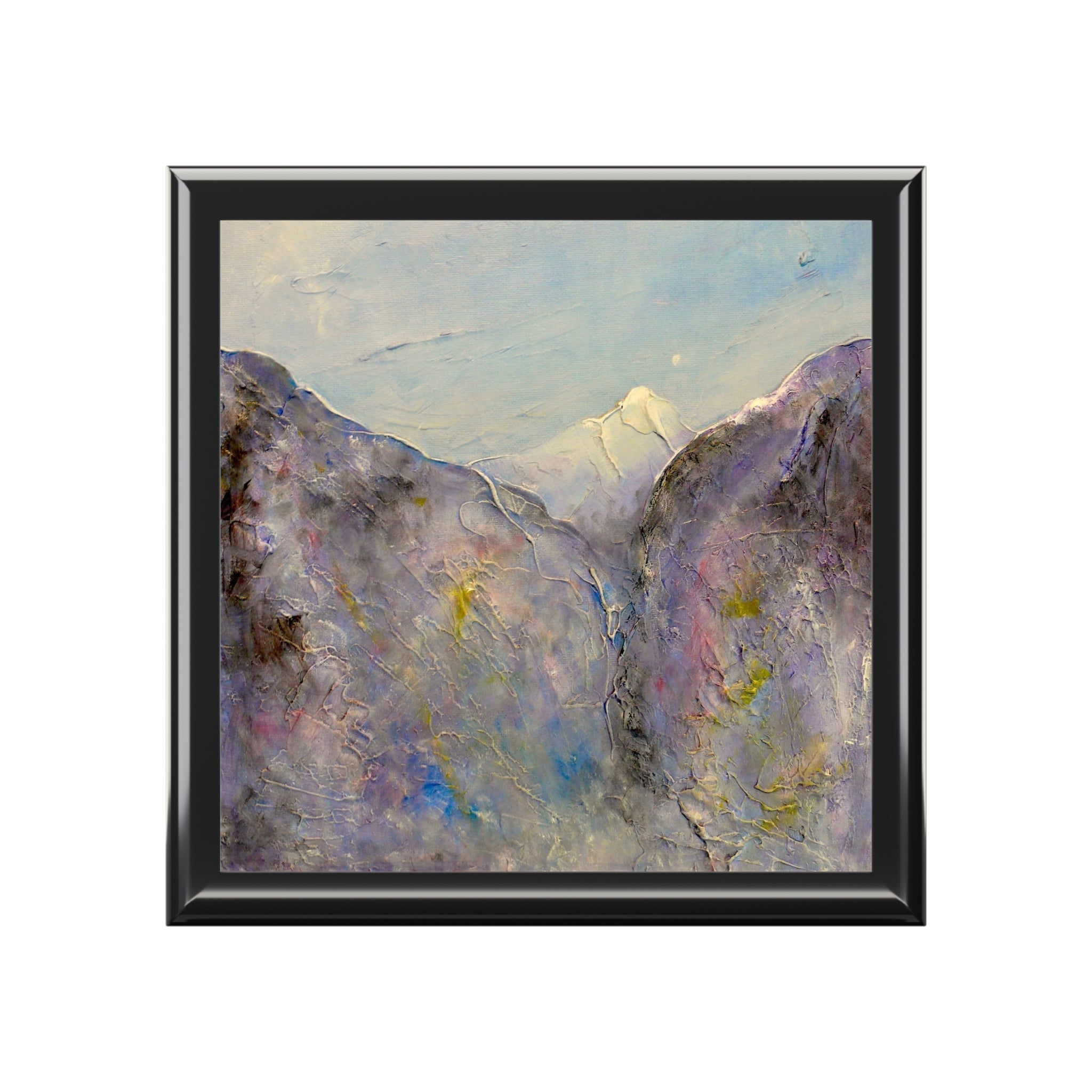 Abstract square-framed mountain painting in muted purples, grays, blues for Hidden Valley Snow Glencoe jewelry box