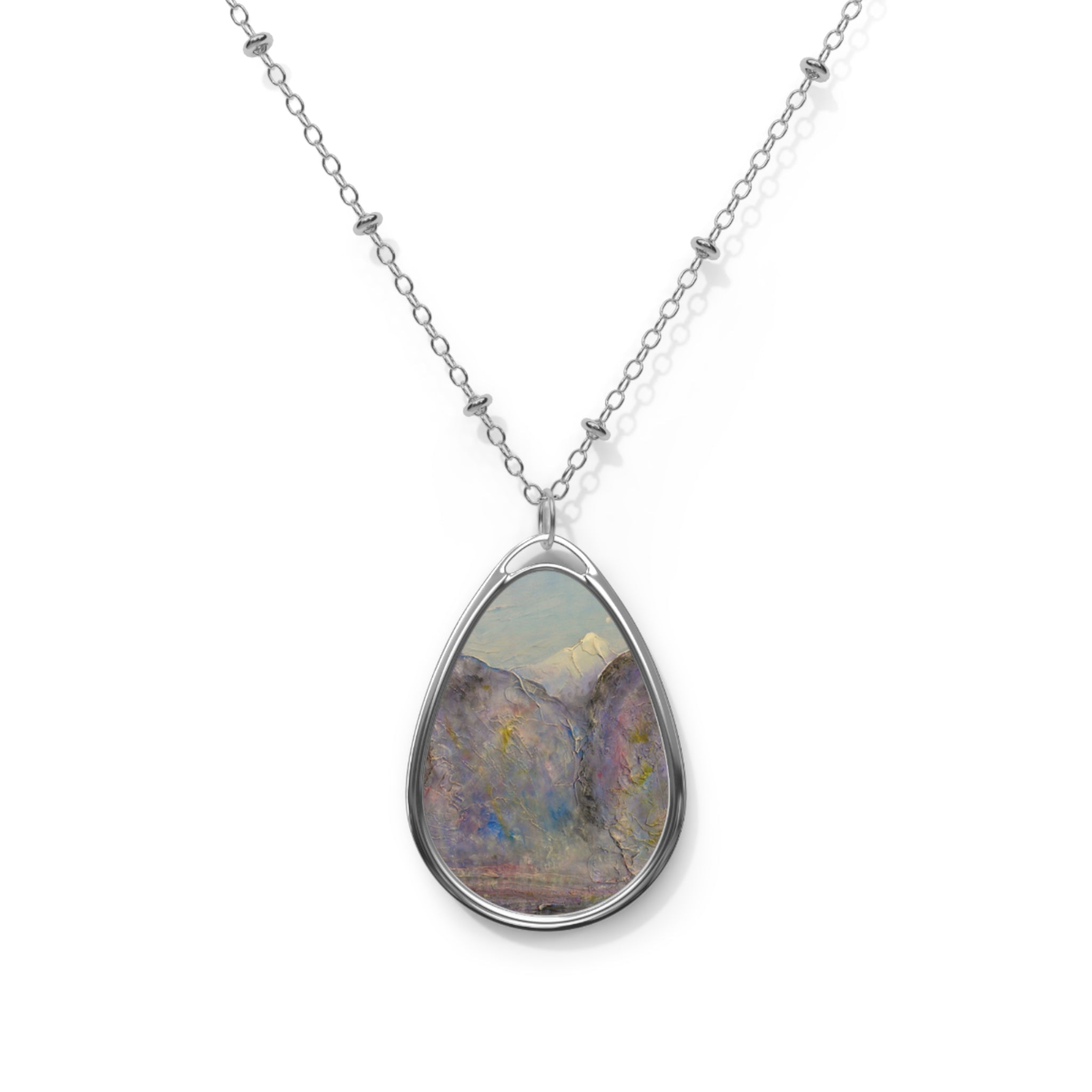 Silver teardrop Hidden Valley Snow Glencoe necklace with pastel landscape