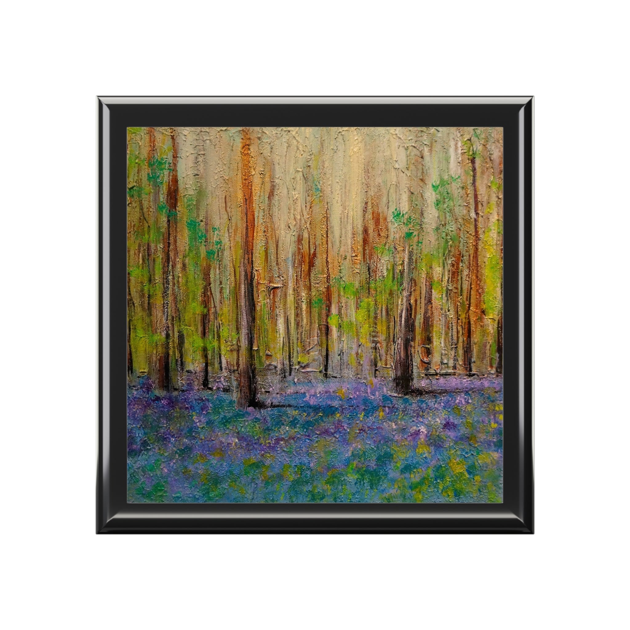 Textured bluebell wood painting in black frame for Highland Bluebells Art Jewellery Box Scotland