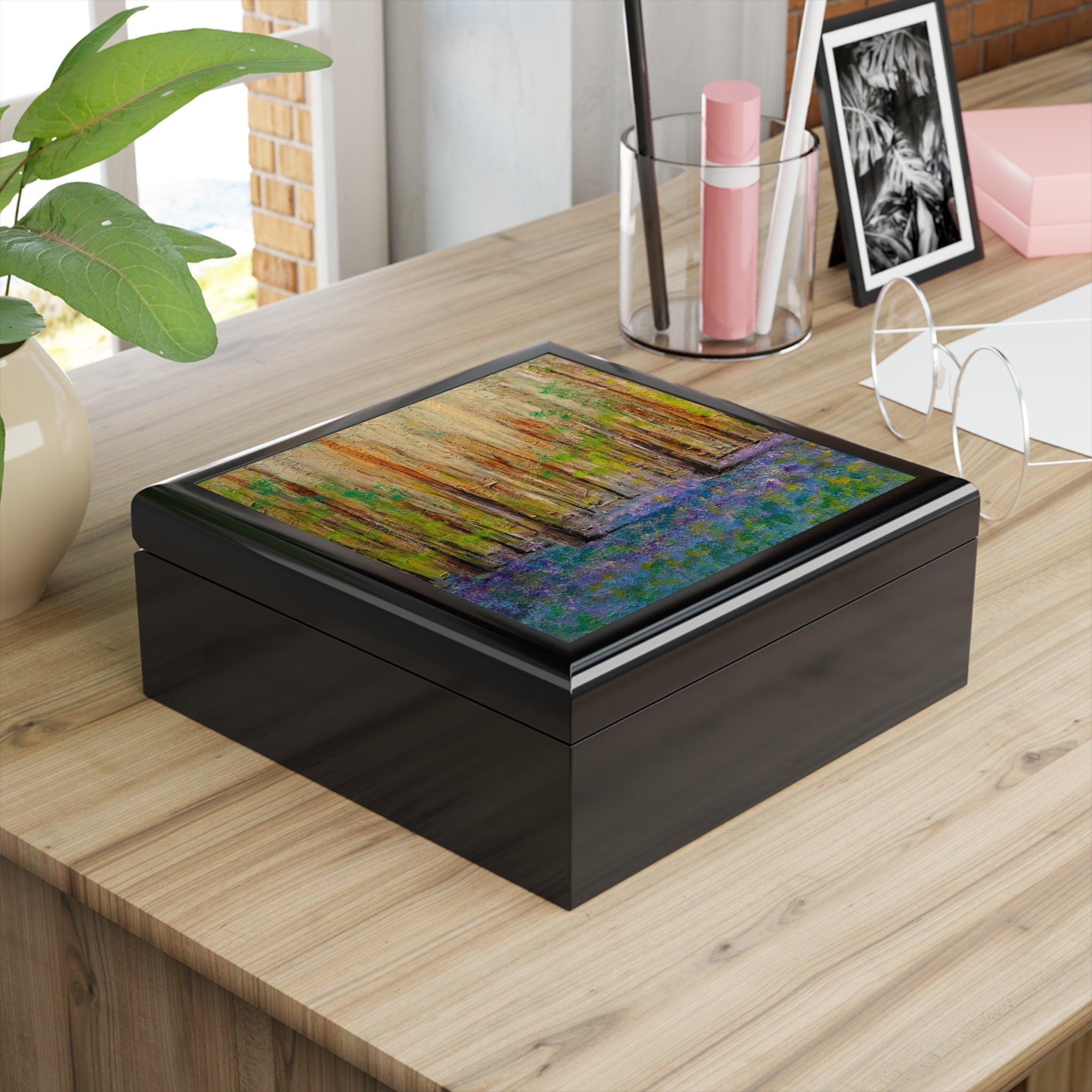 Black wooden keepsake box with abstract landscape painting lid Highland Bluebells Art Jewellery Box Scotland