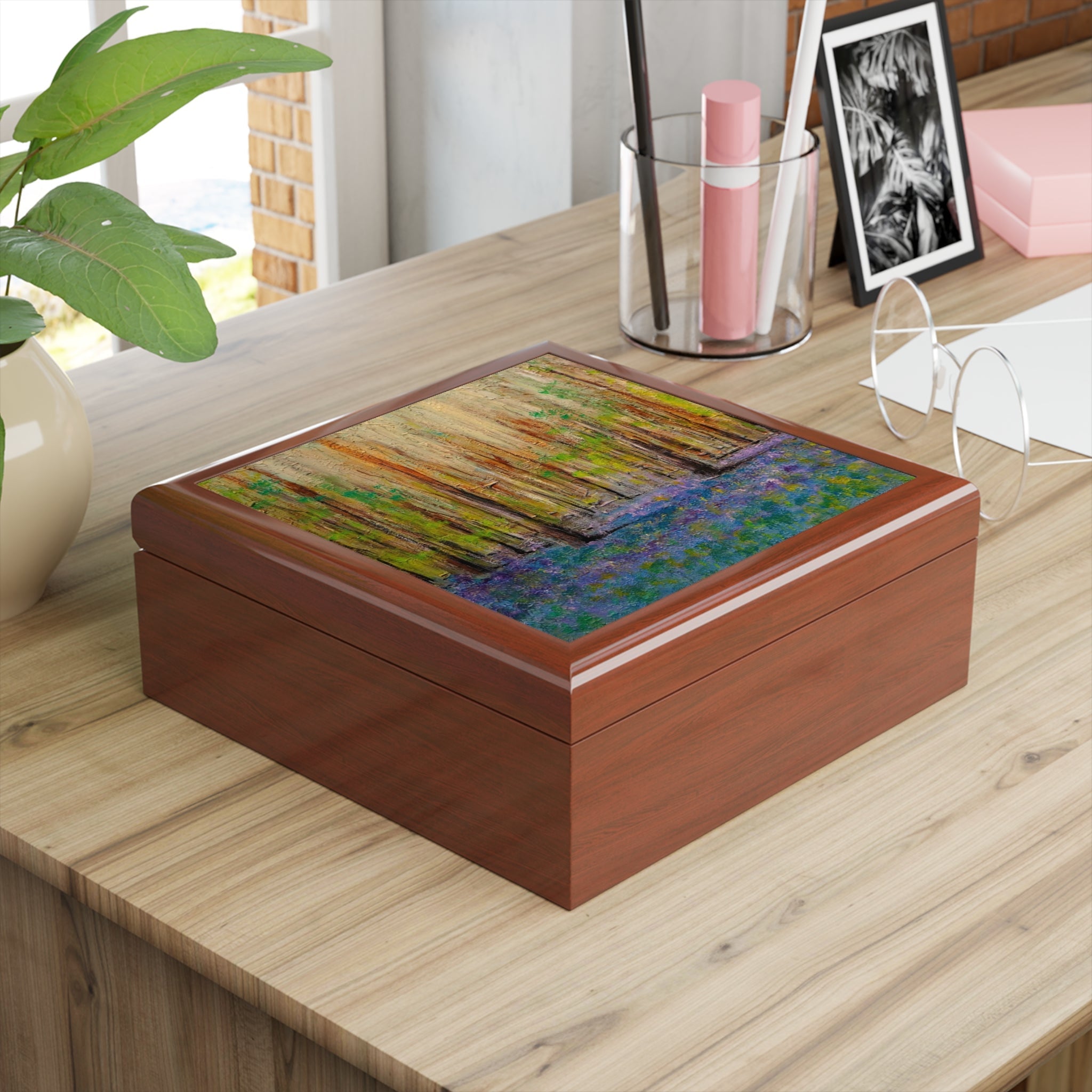 Rectangular Highland Bluebells wooden keepsake box with vibrant abstract art lid