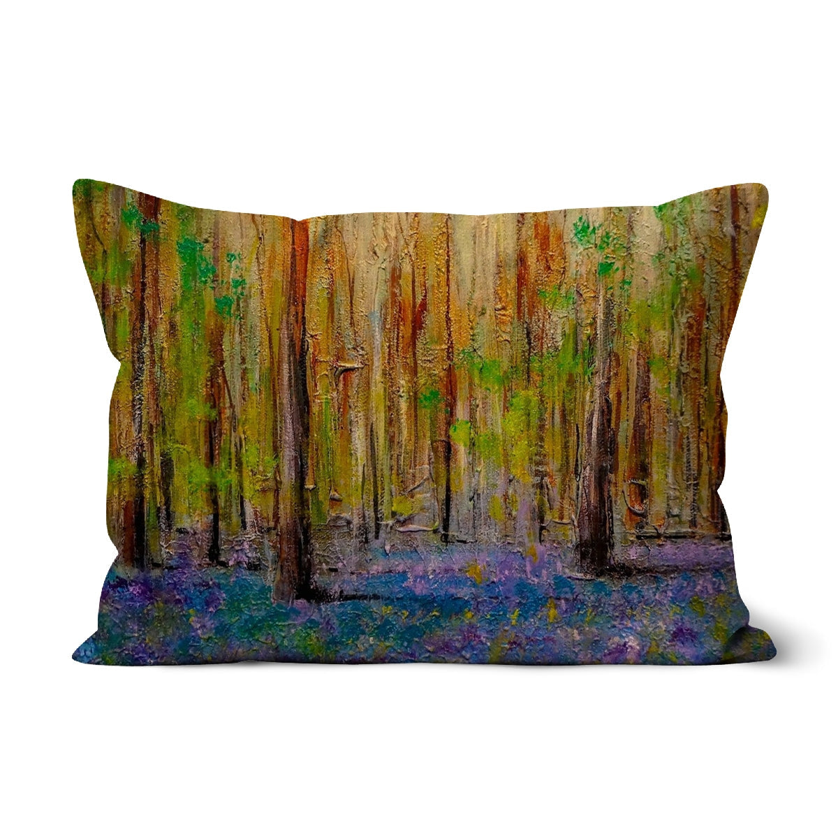 Highland Bluebells forest throw pillow in vibrant autumn colors