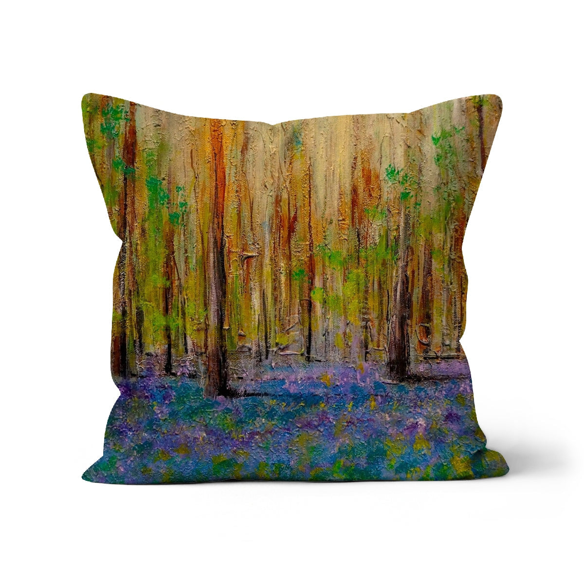 Vibrant forest scene throw pillow in textured Highland Bluebells Cushion design
