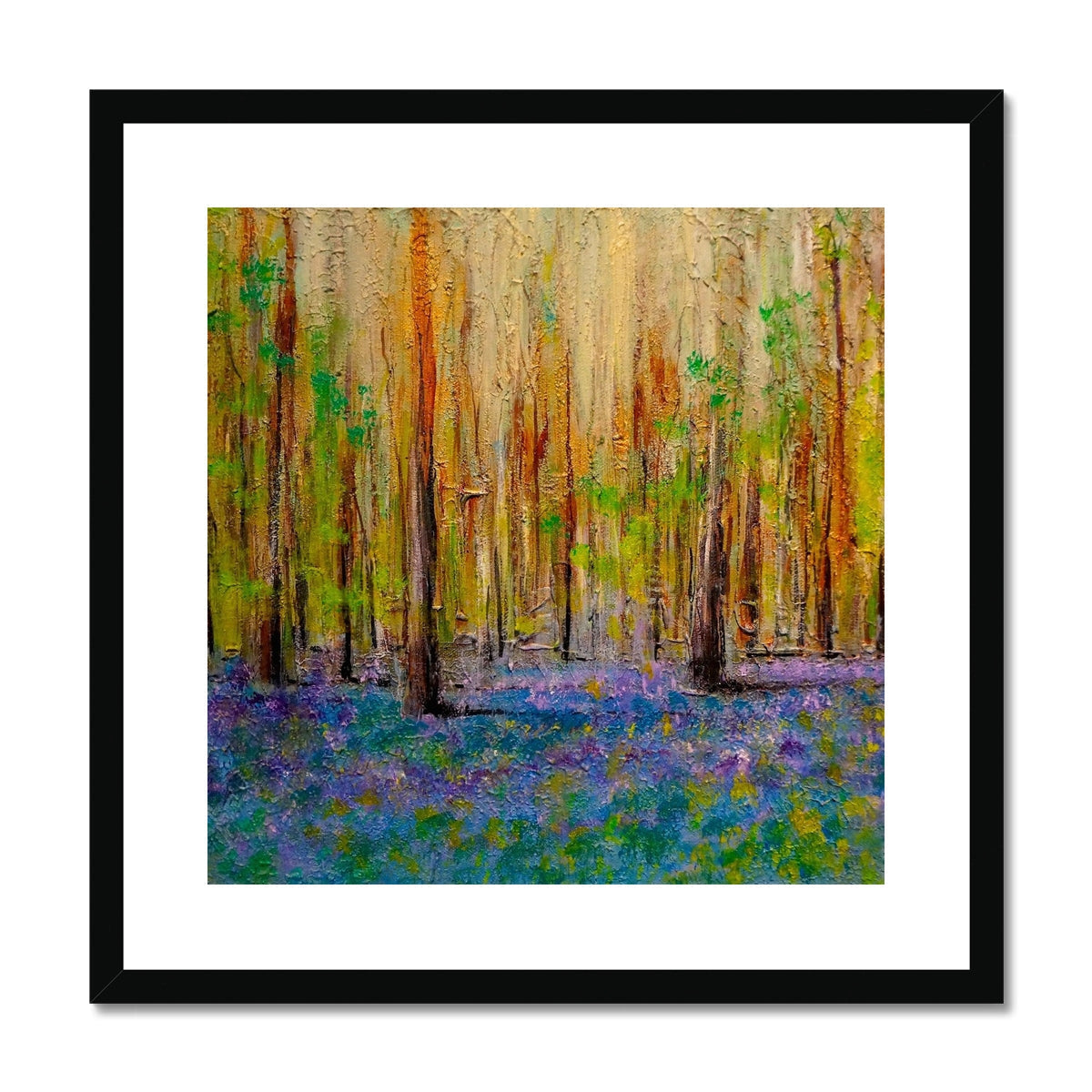 Framed impressionistic painting of a forest with bluebells for Highland Bluebells Print