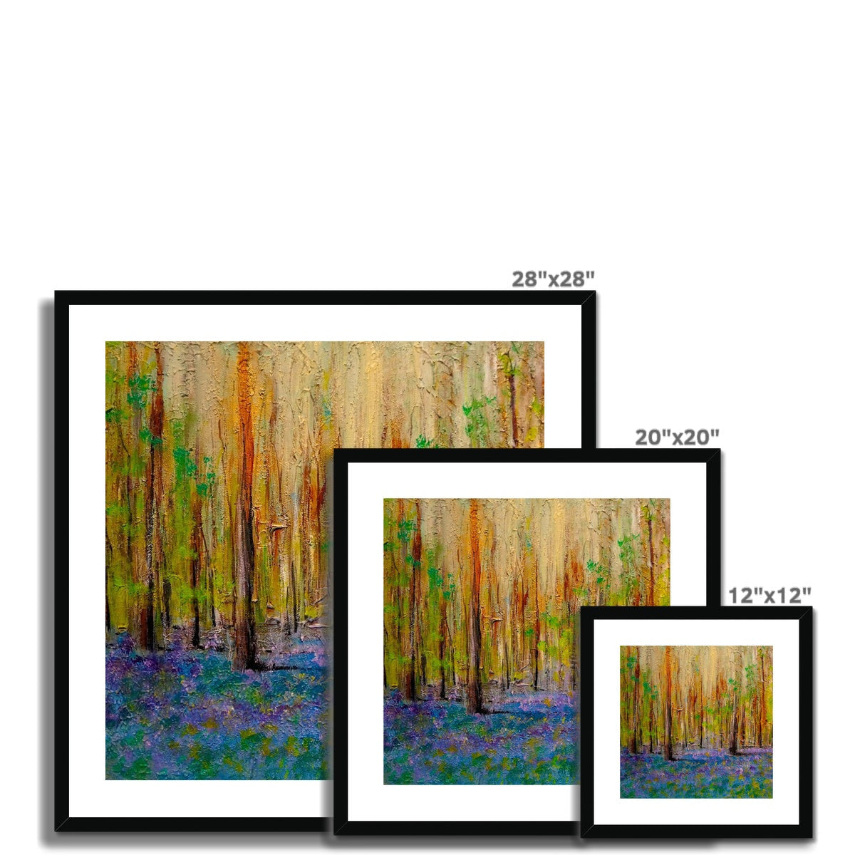 Framed impressionistic forest art prints with blue flowers, Highland Bluebells product display