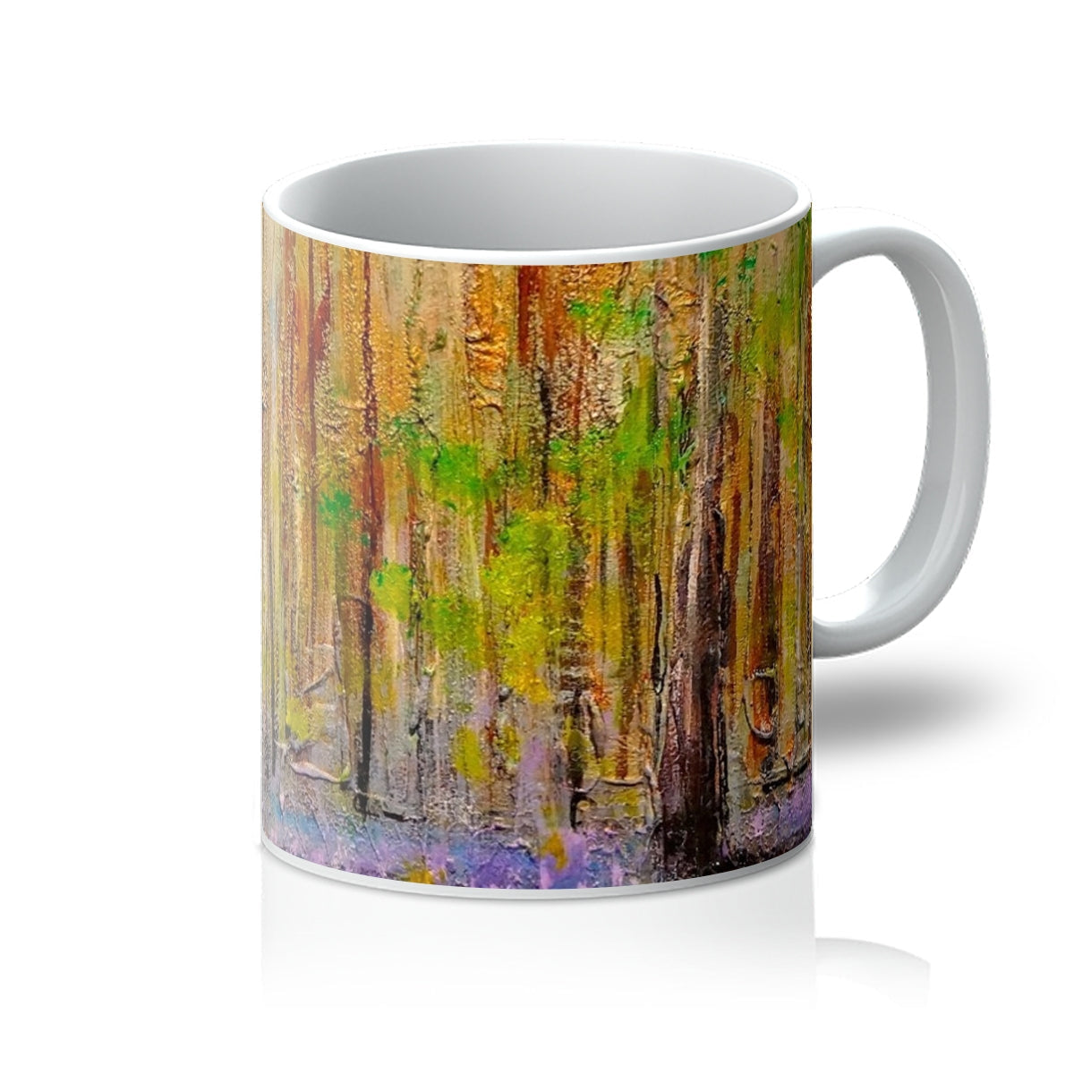 Highland Bluebells Mug with abstract textured ceramic design featuring vertical brown, green, yellow, and purple strokes