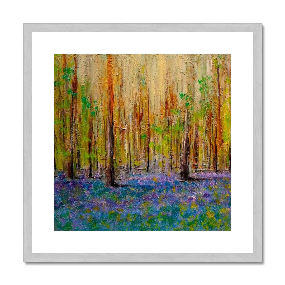 Highland Bluebells Painting | Antique Framed & Mounted Prints From Scotland-Antique Framed & Mounted Prints-Scottish Highlands & Lowlands Art Gallery-20"x20"-Silver Frame-Paintings, Prints, Homeware, Art Gifts From Scotland By Scottish Artist Kevin Hunter