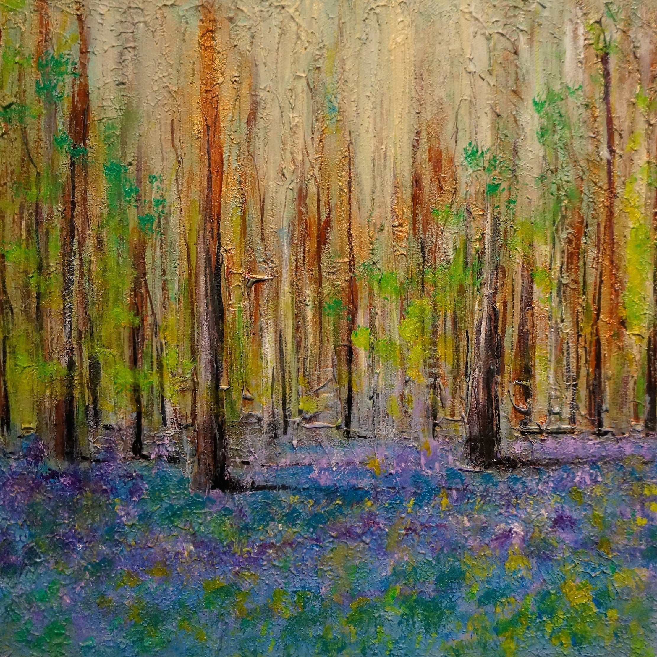 Textured painting of a bluebell wood featured in Highland Bluebells Scotland In Your Pocket