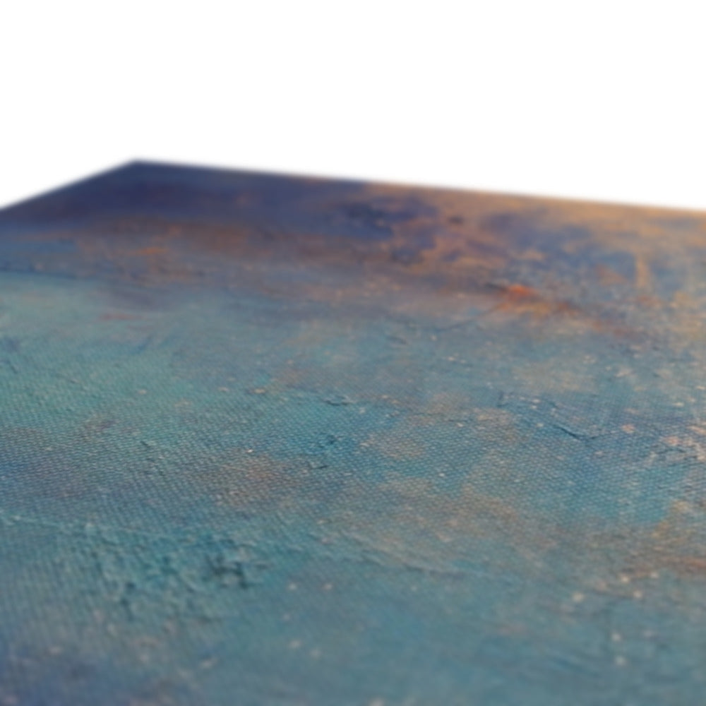 Blue teal textured ceramic vase with triangular top on Highland Hay Bales canvas print