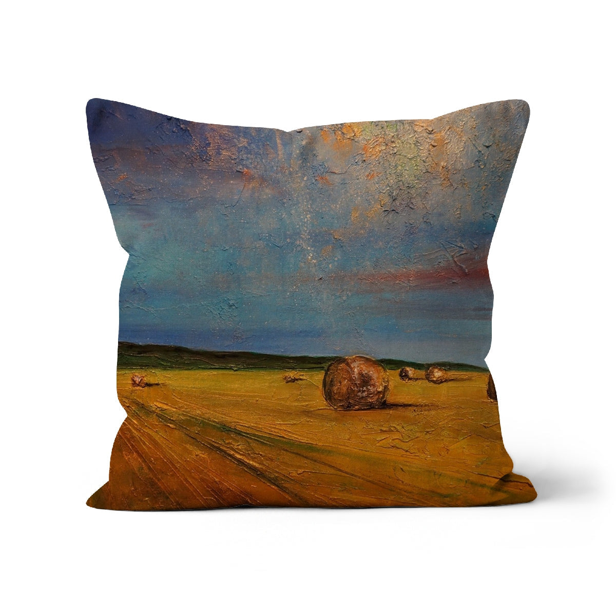 Yellow Highland Hay Bales cushion with textured rustic hay bale design