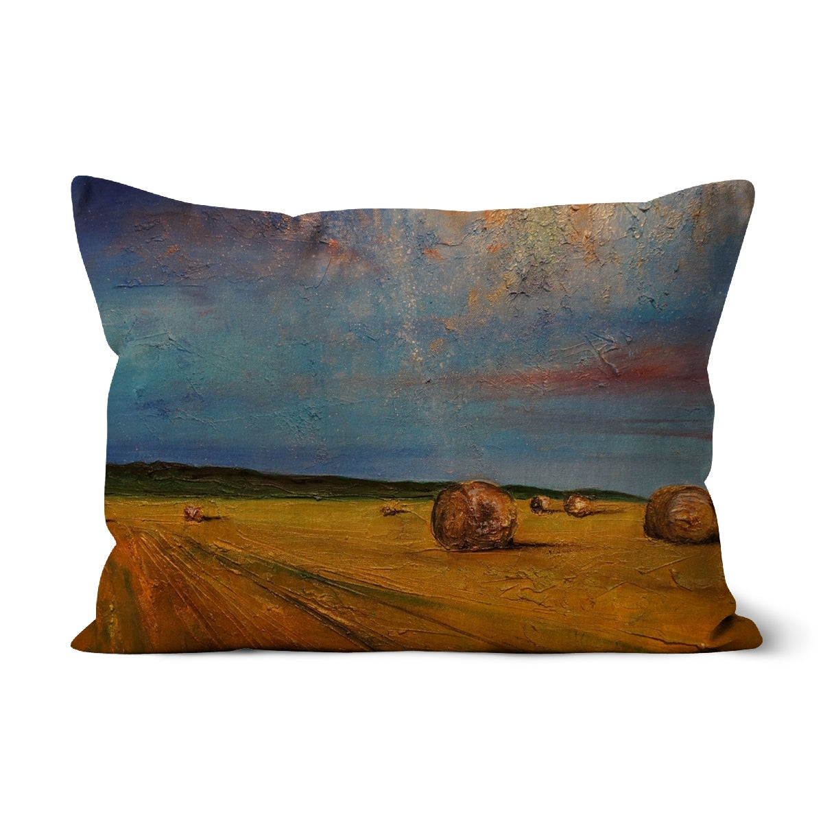 Golden hay bale throw pillow with rustic textured sunset design